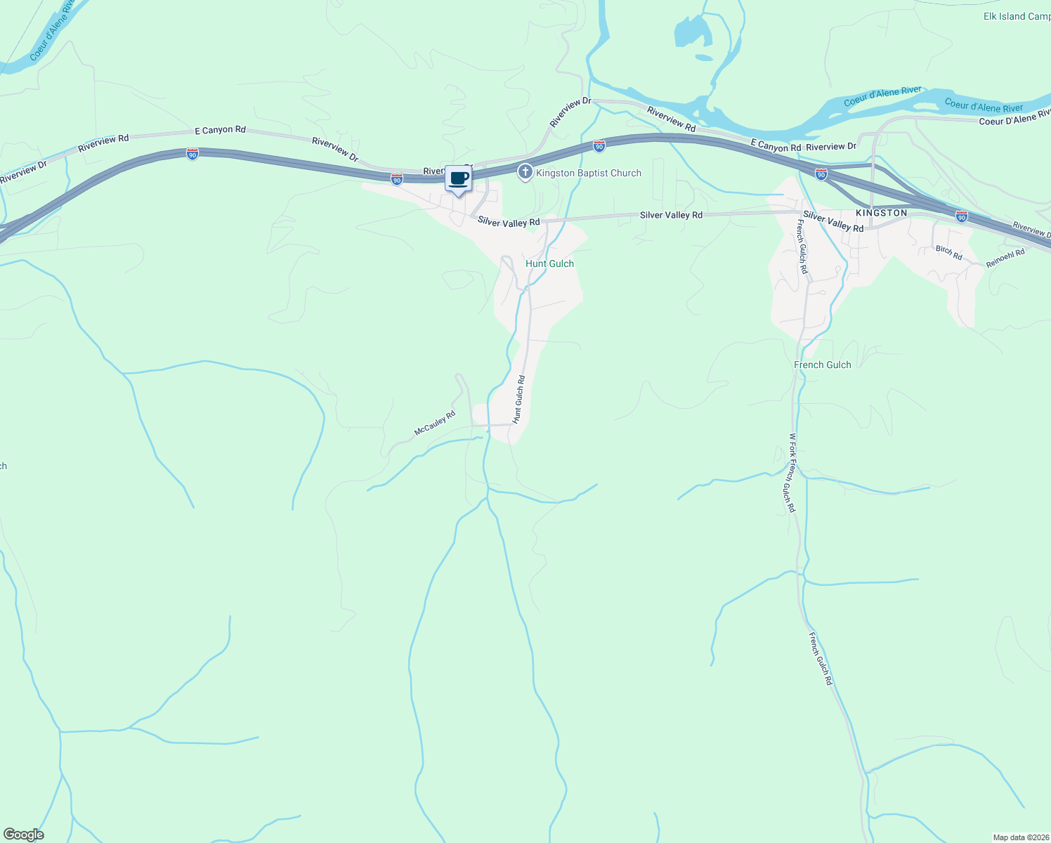 map of restaurants, bars, coffee shops, grocery stores, and more near 535 Hunt Gulch Road in Shoshone County