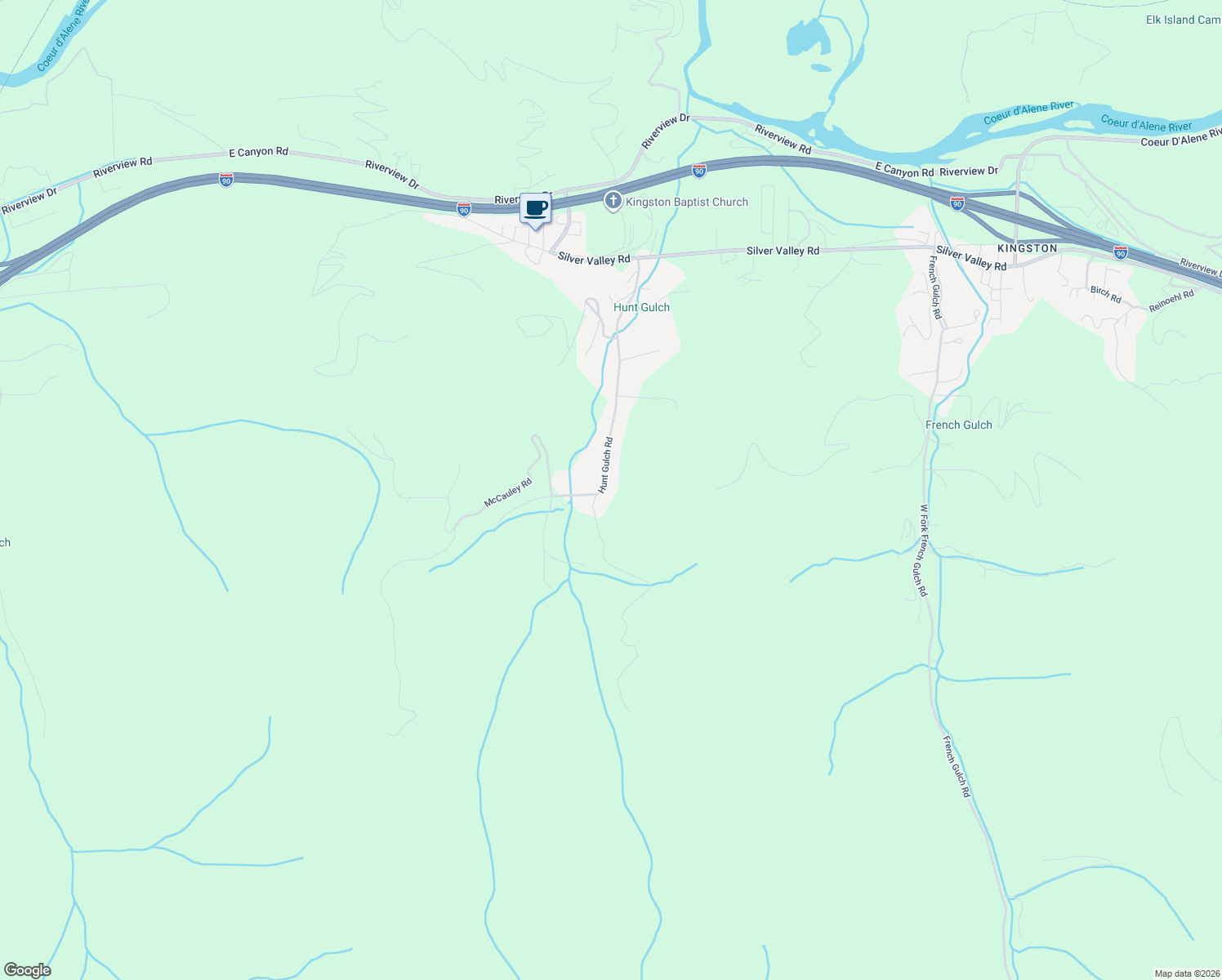 map of restaurants, bars, coffee shops, grocery stores, and more near 535 Hunt Gulch Road in Shoshone County