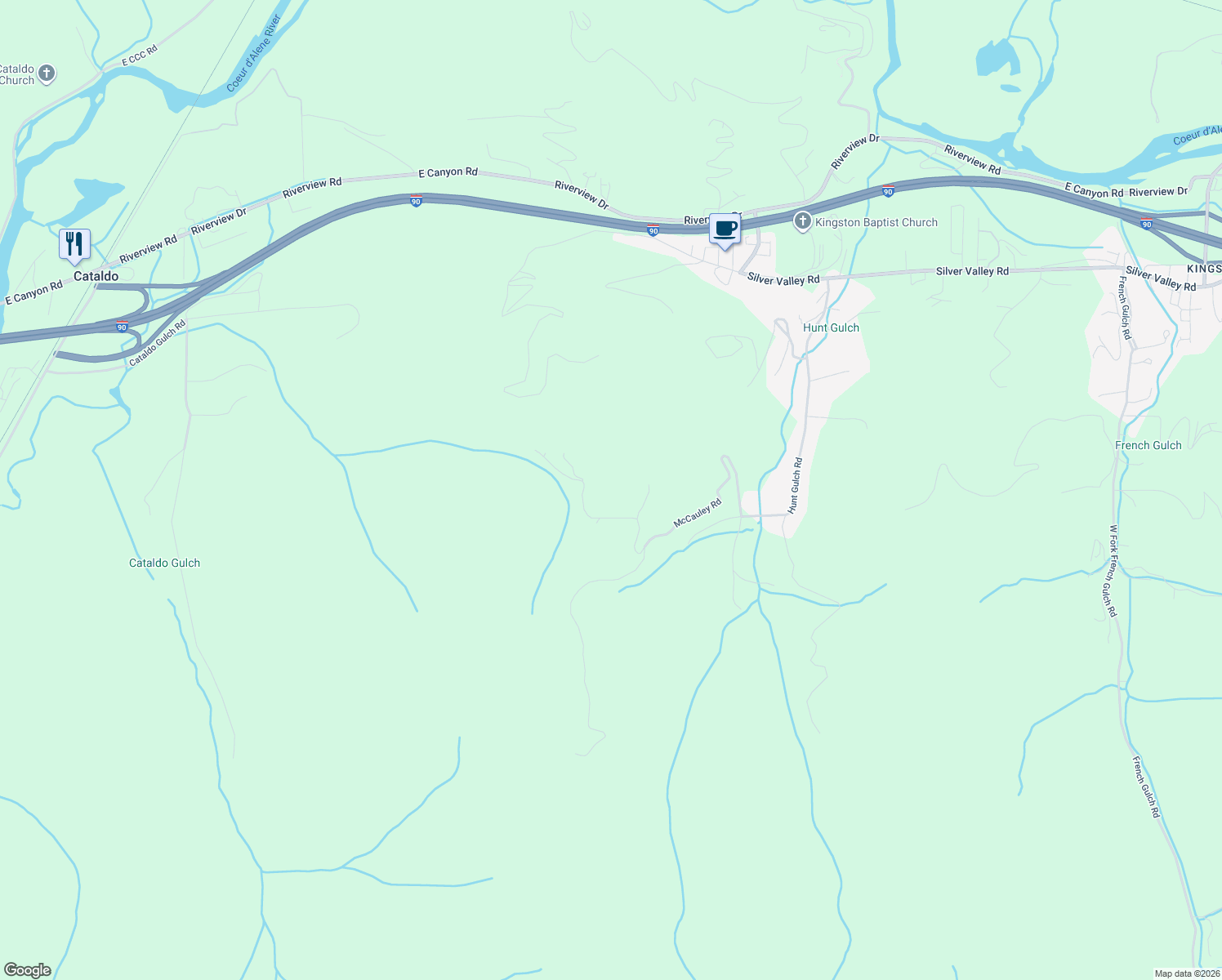 map of restaurants, bars, coffee shops, grocery stores, and more near 710 McCauley Road in Shoshone County