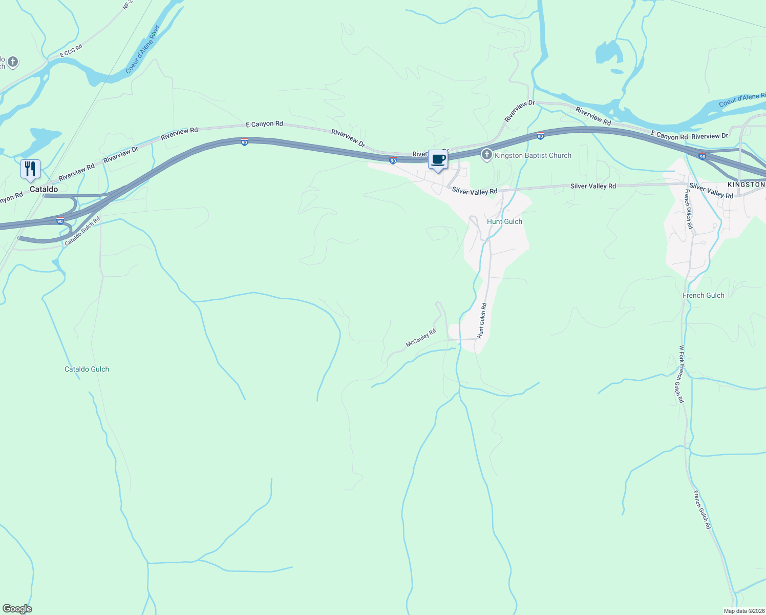 map of restaurants, bars, coffee shops, grocery stores, and more near 710 McCauley Road in Shoshone County