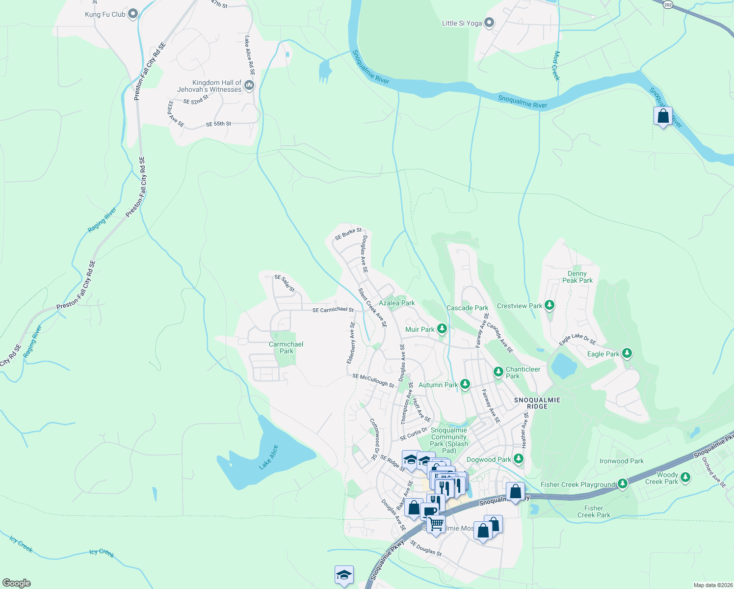 map of restaurants, bars, coffee shops, grocery stores, and more near 6524 Silent Creek Avenue Southeast in Snoqualmie