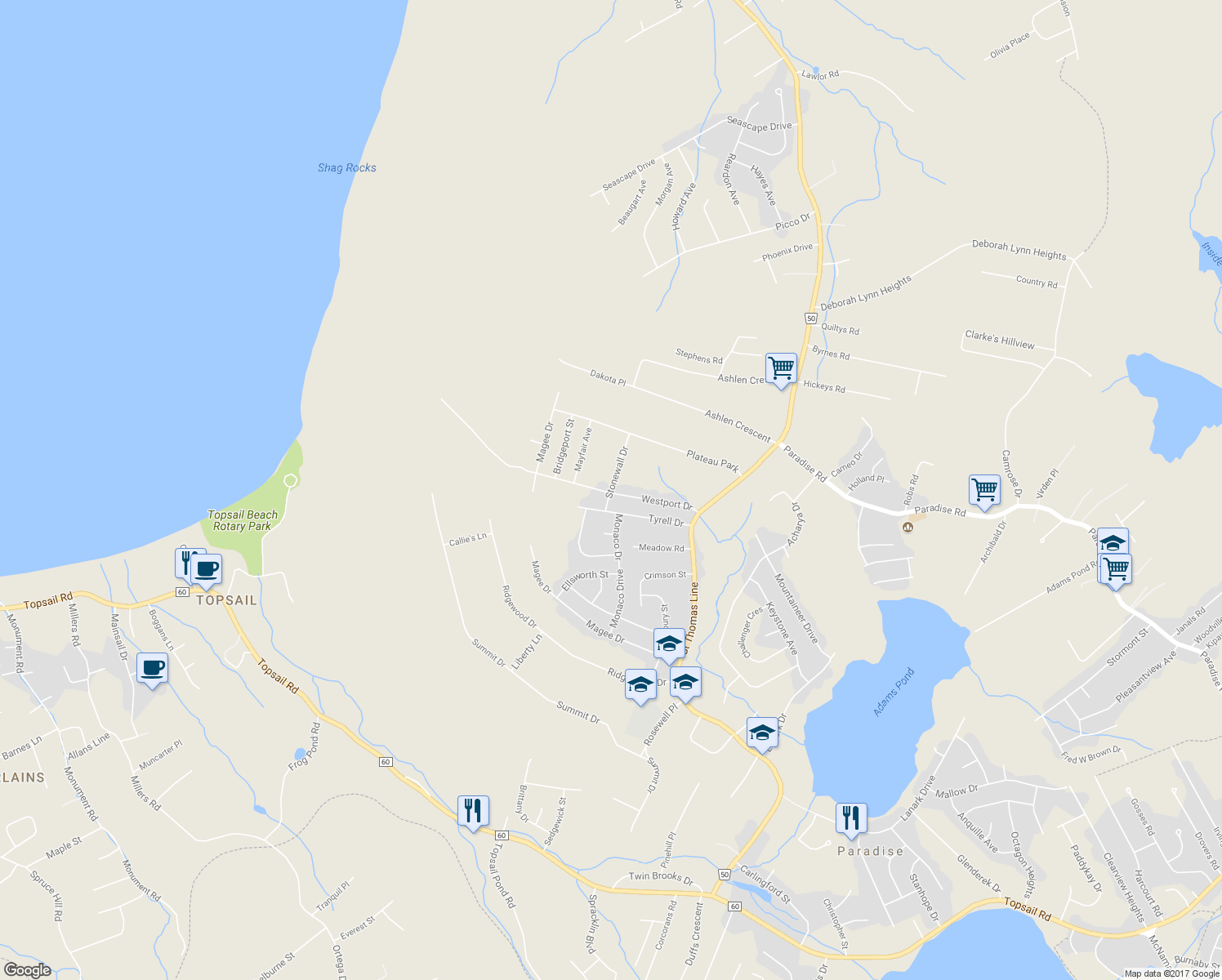 map of restaurants, bars, coffee shops, grocery stores, and more near 11 Stonewall Drive in Paradise