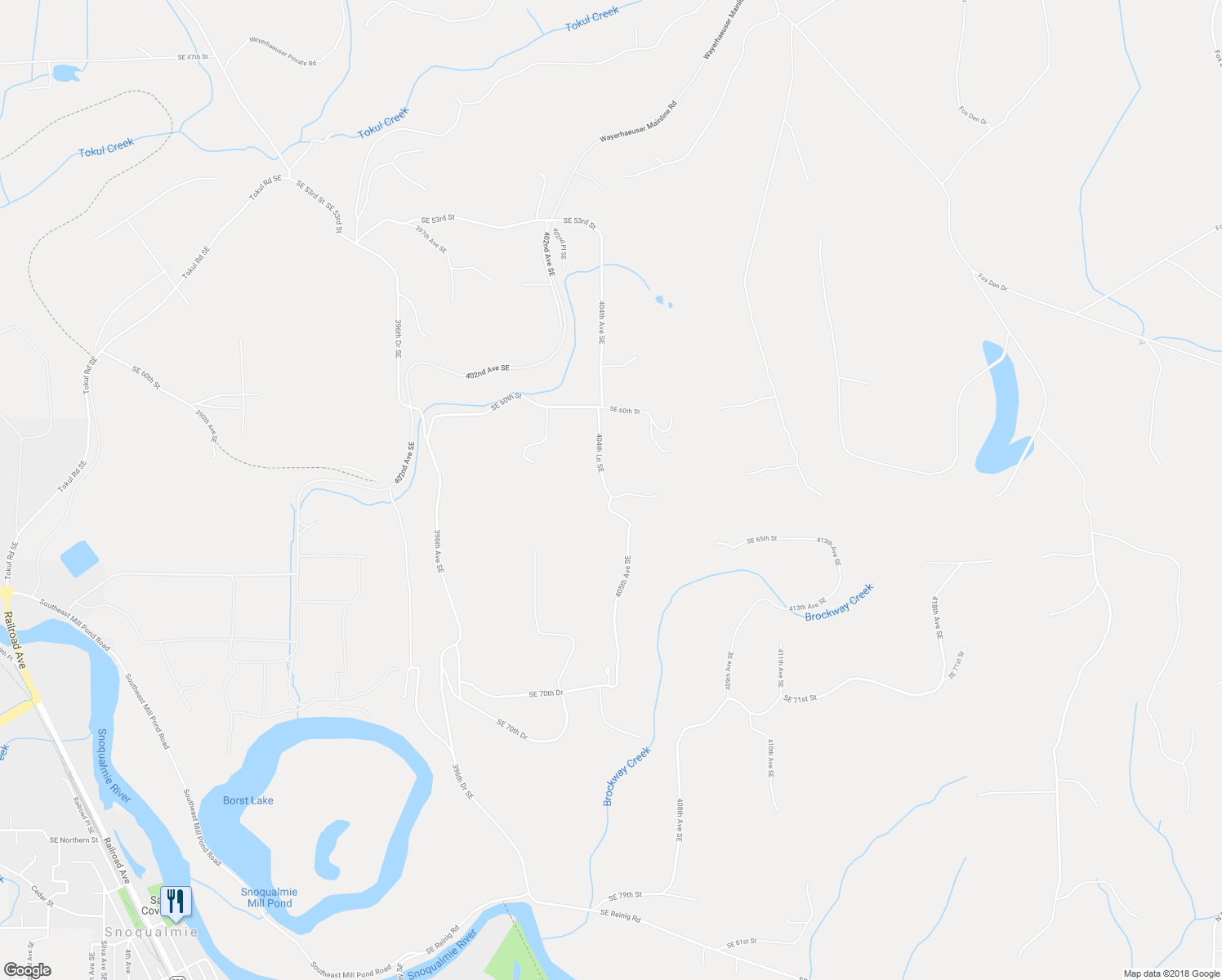 map of restaurants, bars, coffee shops, grocery stores, and more near 6210 404th Lane Southeast in Snoqualmie