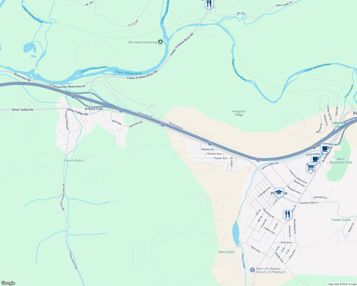 map of restaurants, bars, coffee shops, grocery stores, and more near 140 Wright Road in Shoshone County