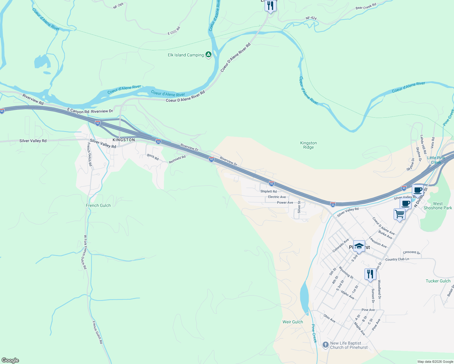 map of restaurants, bars, coffee shops, grocery stores, and more near 140 Wright Road in Shoshone County