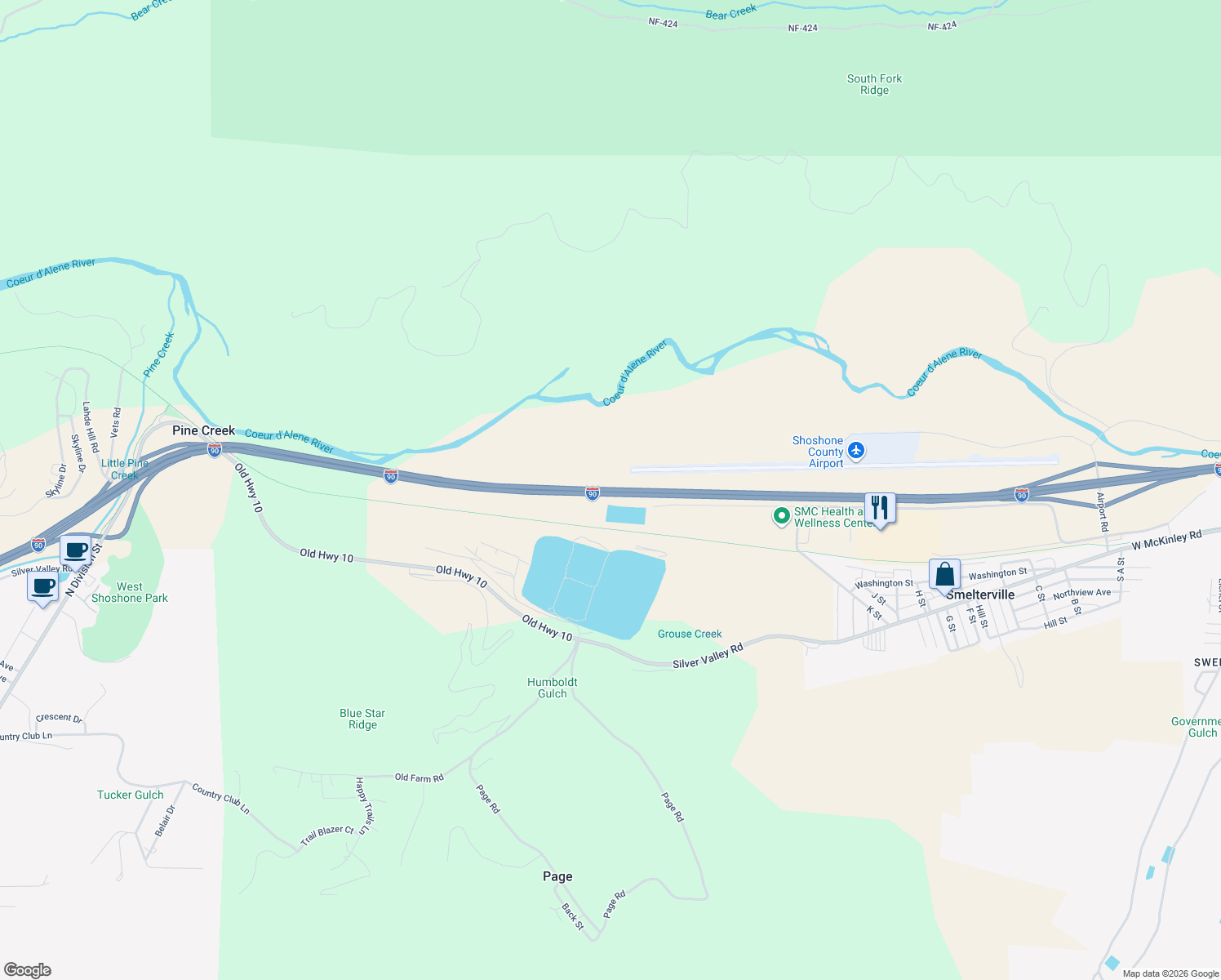 map of restaurants, bars, coffee shops, grocery stores, and more near Interstate 90 in Smelterville