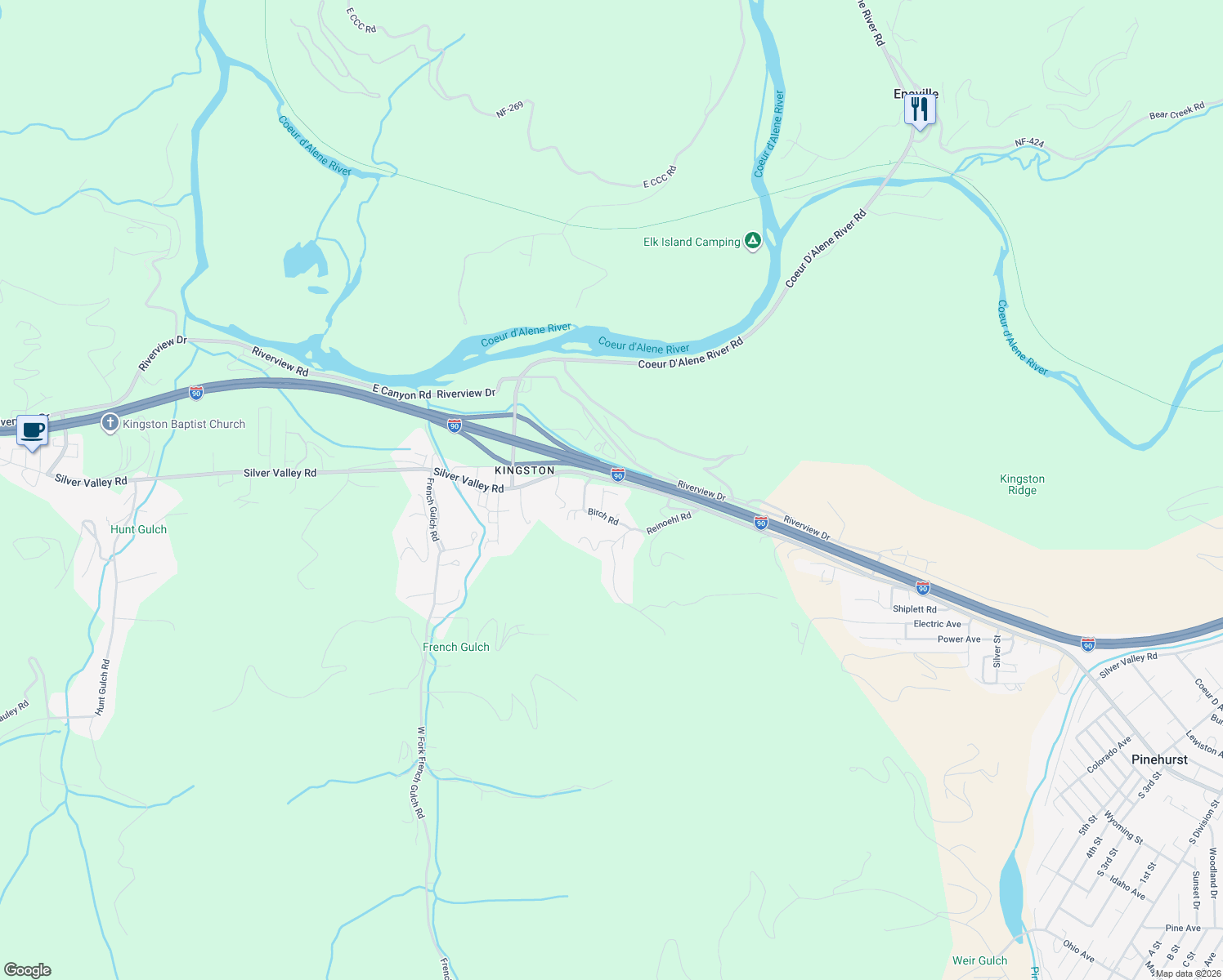 map of restaurants, bars, coffee shops, grocery stores, and more near 49 Adams Road in Shoshone County
