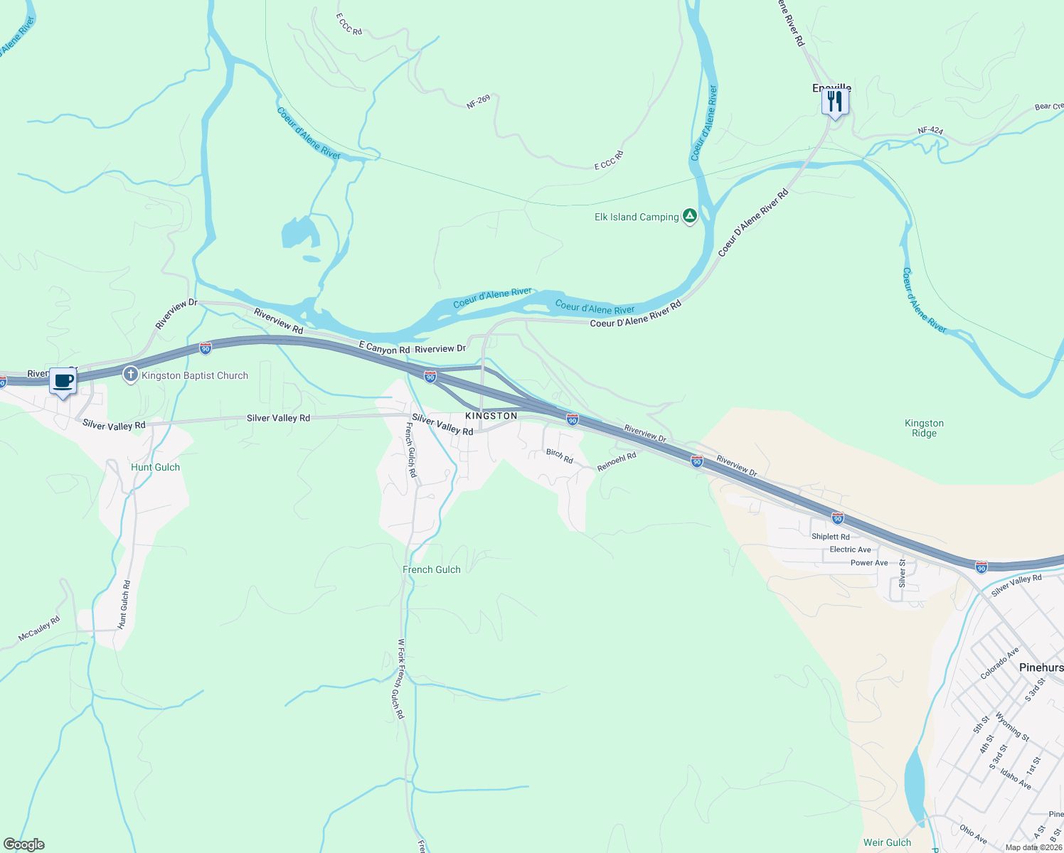 map of restaurants, bars, coffee shops, grocery stores, and more near 12 Birch Road in Shoshone County