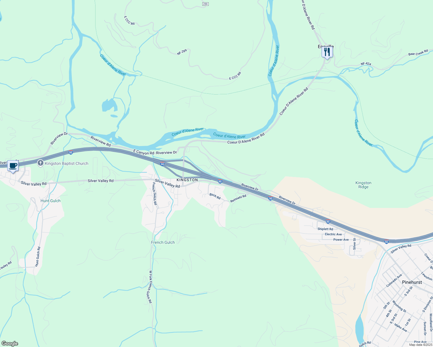map of restaurants, bars, coffee shops, grocery stores, and more near 116 Cattail Lane in Shoshone County