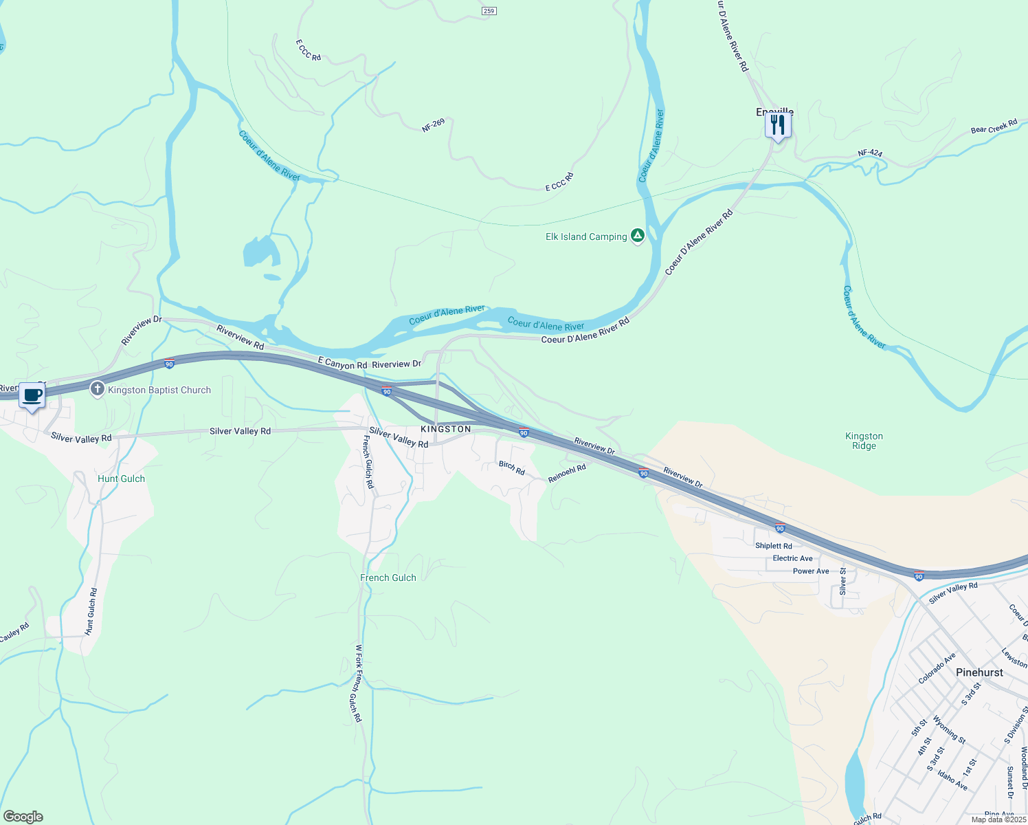 map of restaurants, bars, coffee shops, grocery stores, and more near 116 Cattail Lane in Shoshone County