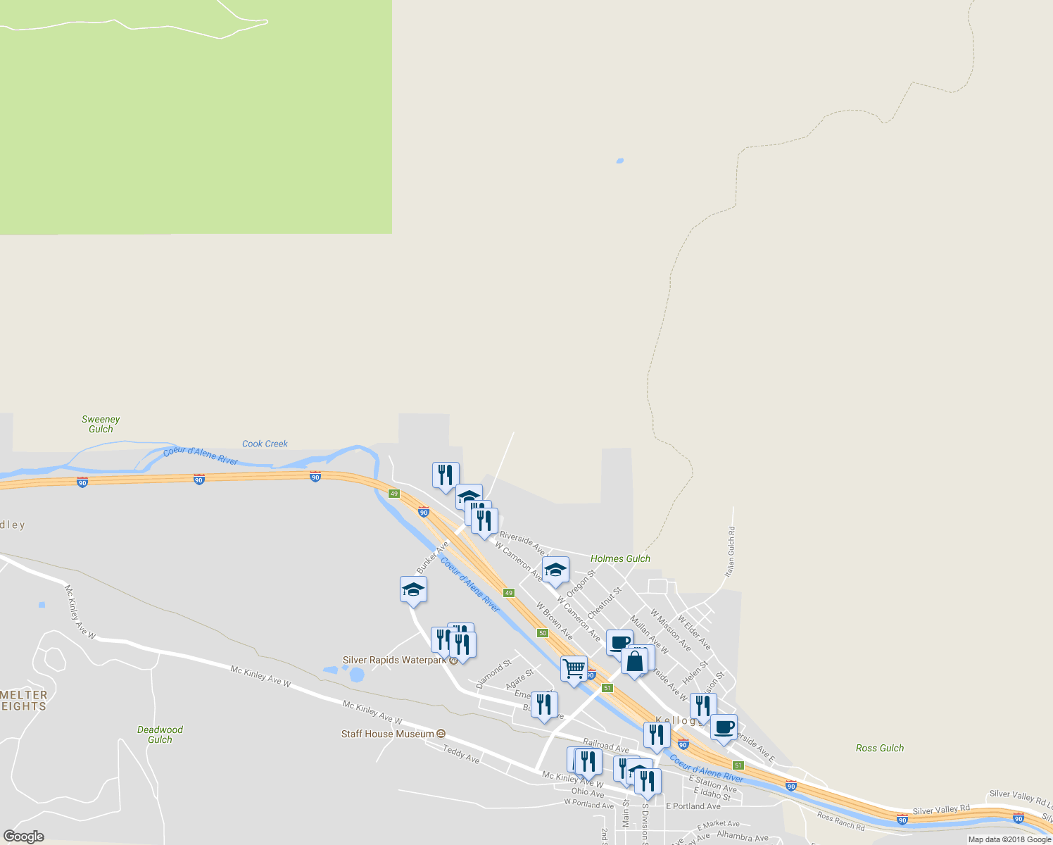 map of restaurants, bars, coffee shops, grocery stores, and more near 2 New Street in Kellogg