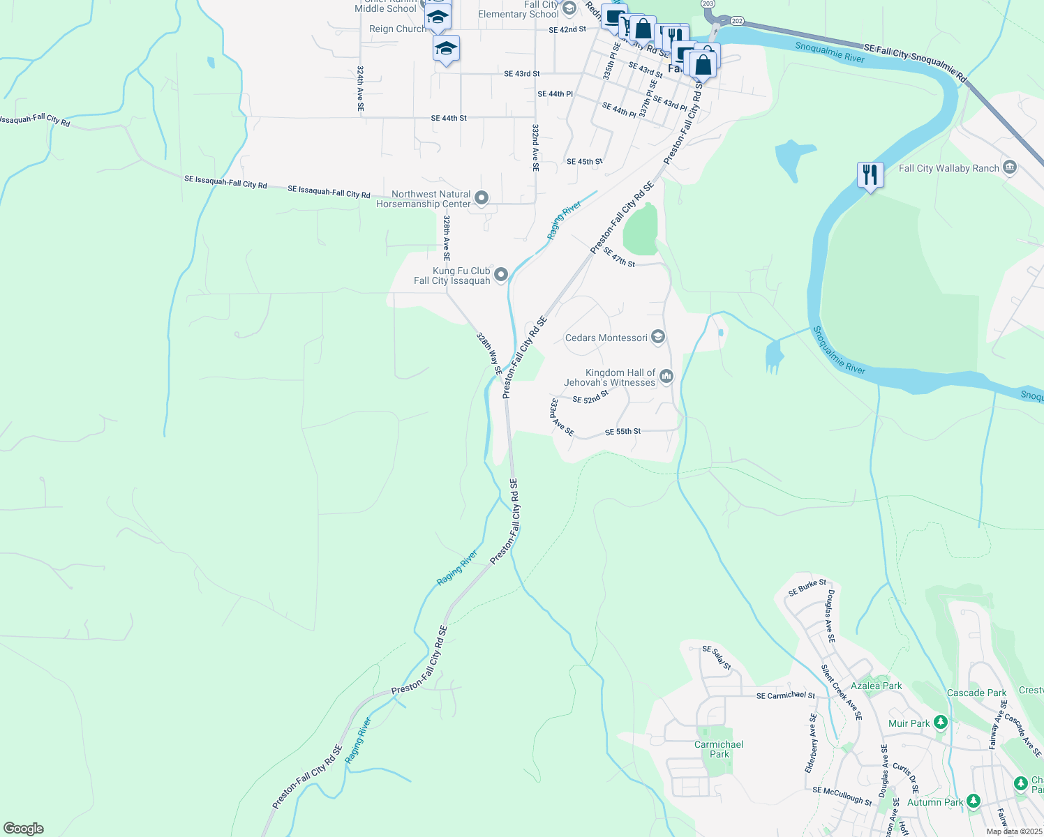 map of restaurants, bars, coffee shops, grocery stores, and more near 5324 Preston-Fall City Road Southeast in Fall City