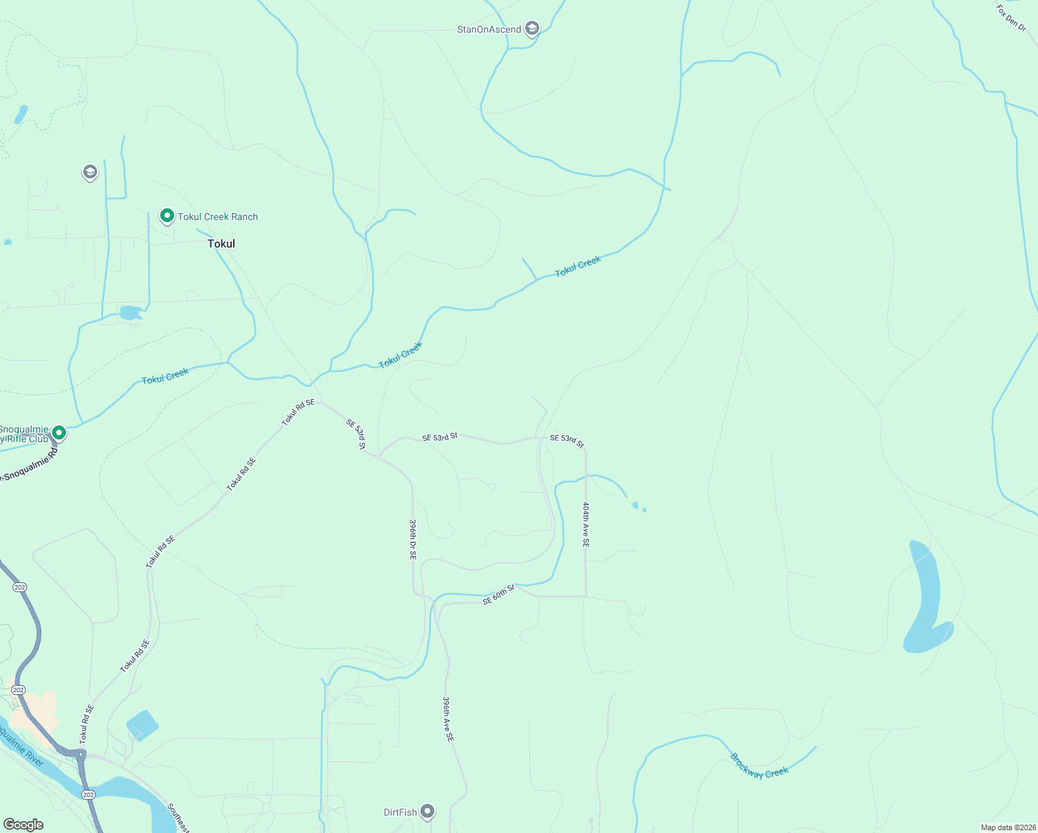 map of restaurants, bars, coffee shops, grocery stores, and more near 40202 Southeast 53rd Street in Snoqualmie