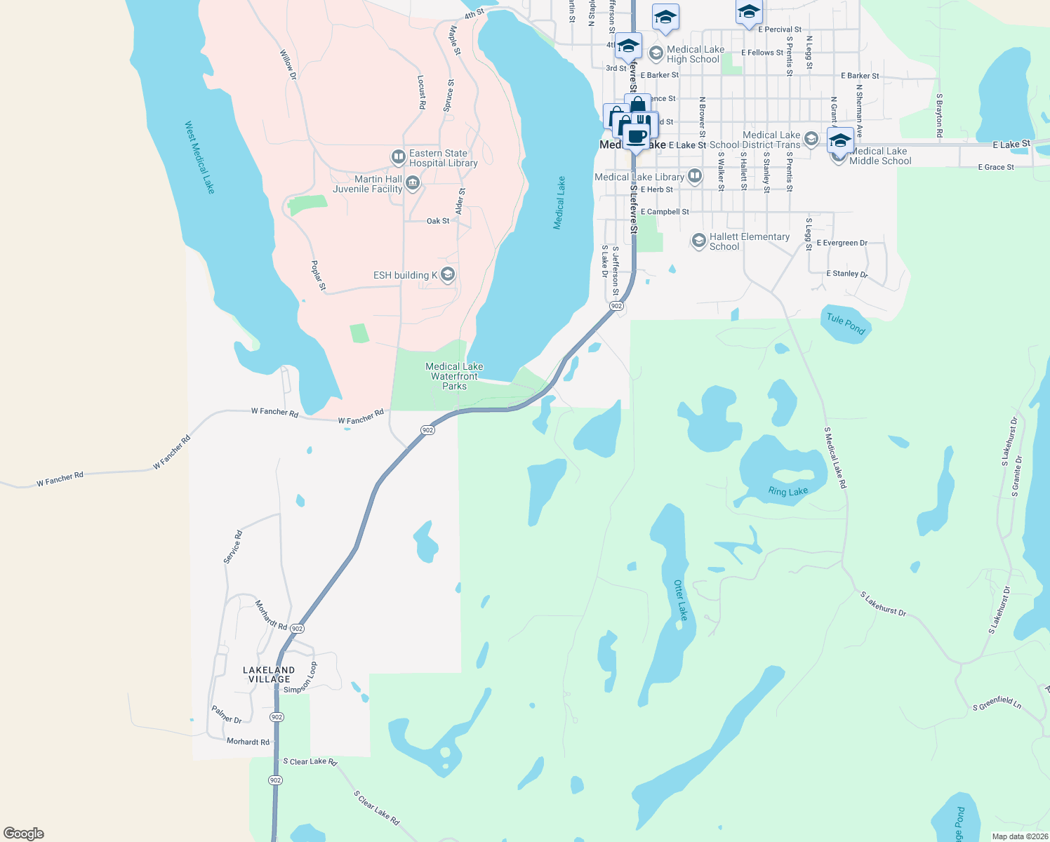 map of restaurants, bars, coffee shops, grocery stores, and more near 1301 South Lefevre Road in Medical Lake