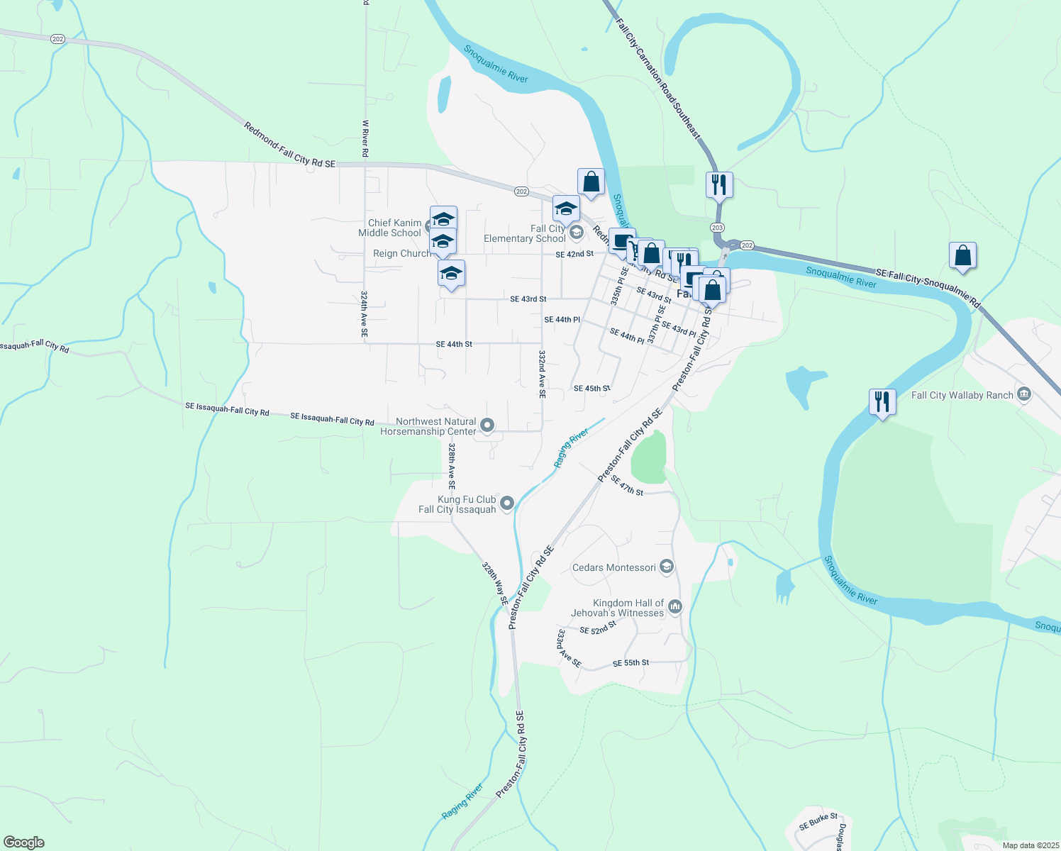 map of restaurants, bars, coffee shops, grocery stores, and more near 33116 Southeast Issaquah-Fall City Road in Fall City