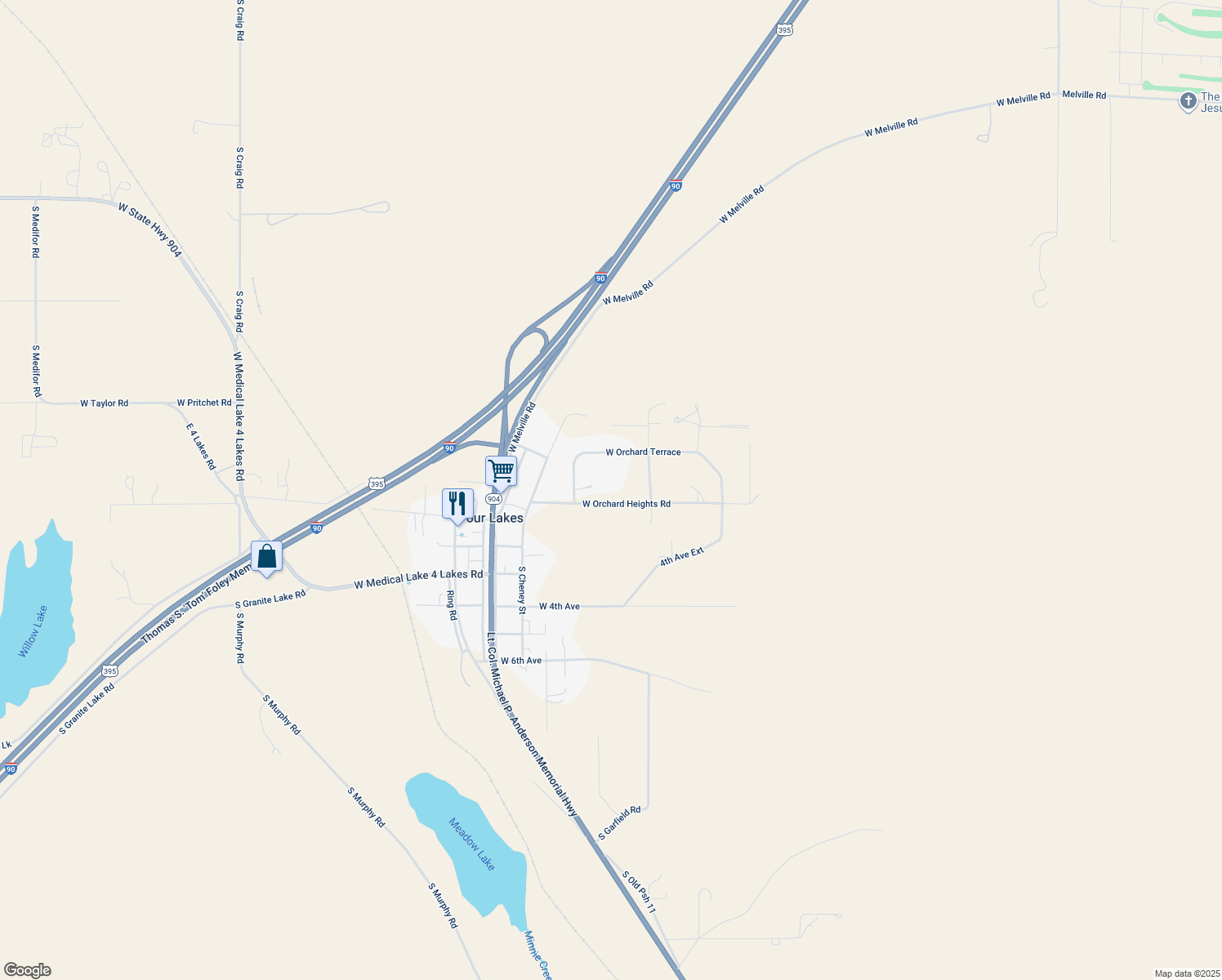map of restaurants, bars, coffee shops, grocery stores, and more near 12504 West Orchard Heights Road in Cheney