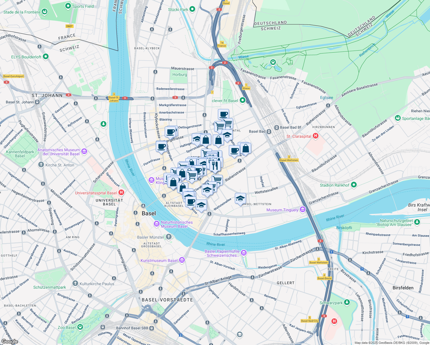 map of restaurants, bars, coffee shops, grocery stores, and more near 25 Messeplatz in Basel