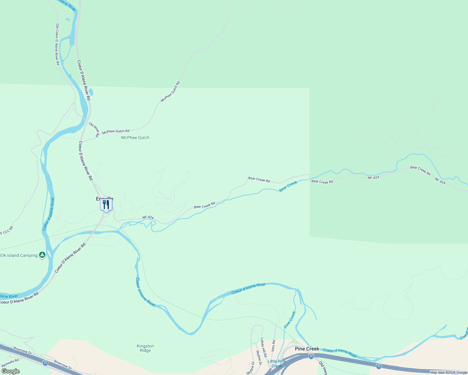 map of restaurants, bars, coffee shops, grocery stores, and more near 1289 Bear Creek Road in Shoshone County
