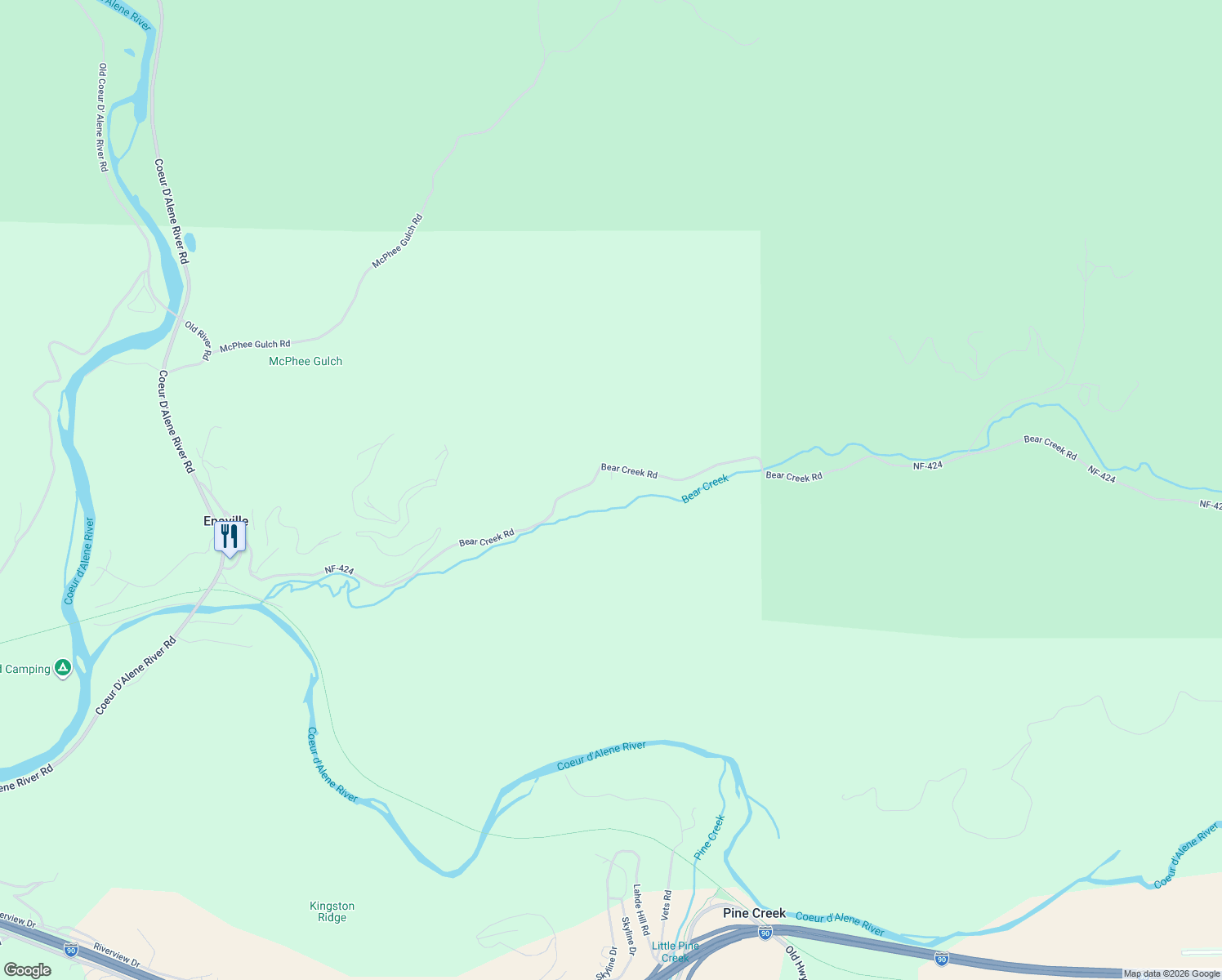 map of restaurants, bars, coffee shops, grocery stores, and more near 1289 Bear Creek Road in Shoshone County