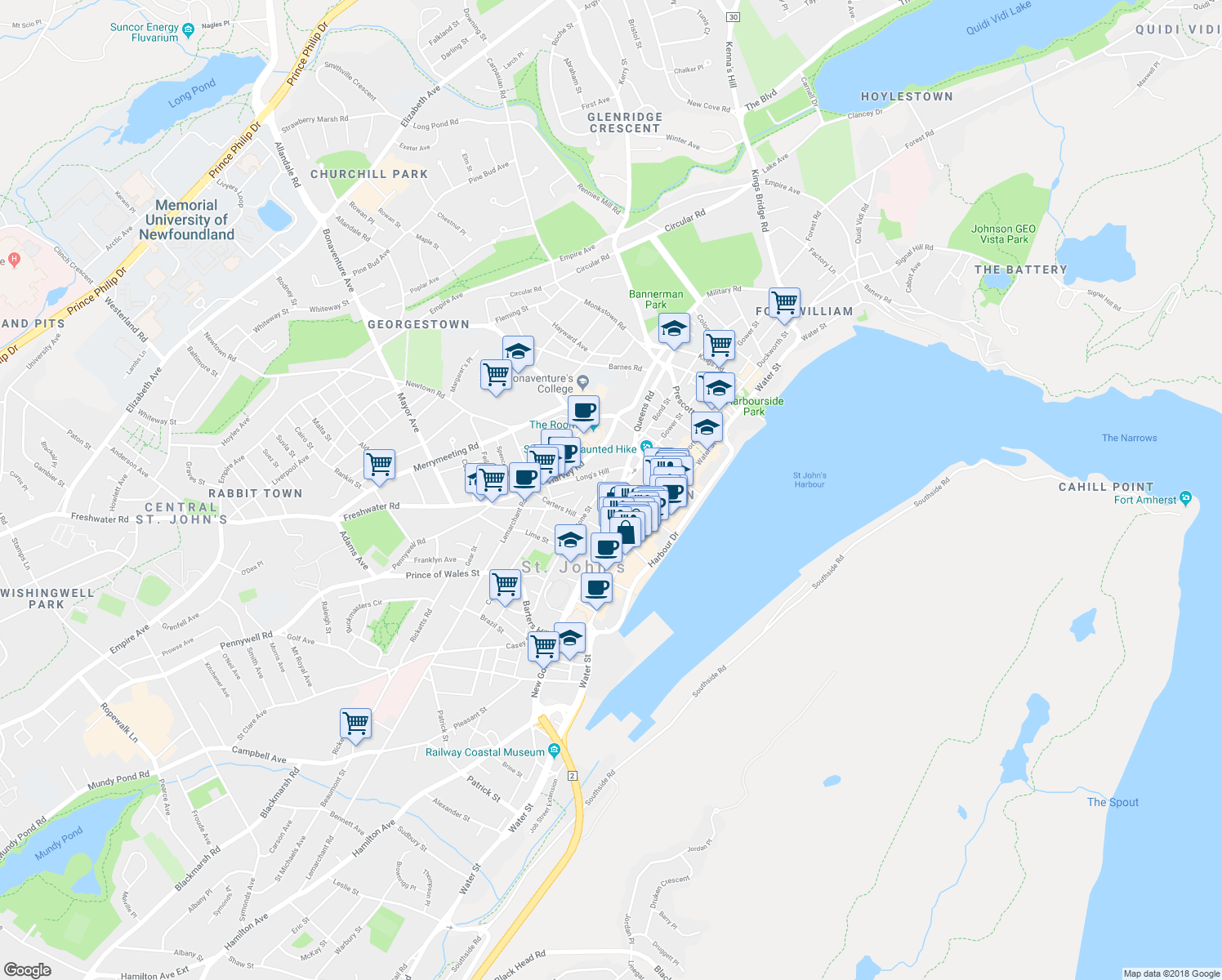 map of restaurants, bars, coffee shops, grocery stores, and more near 8 Allan Square in St. John's