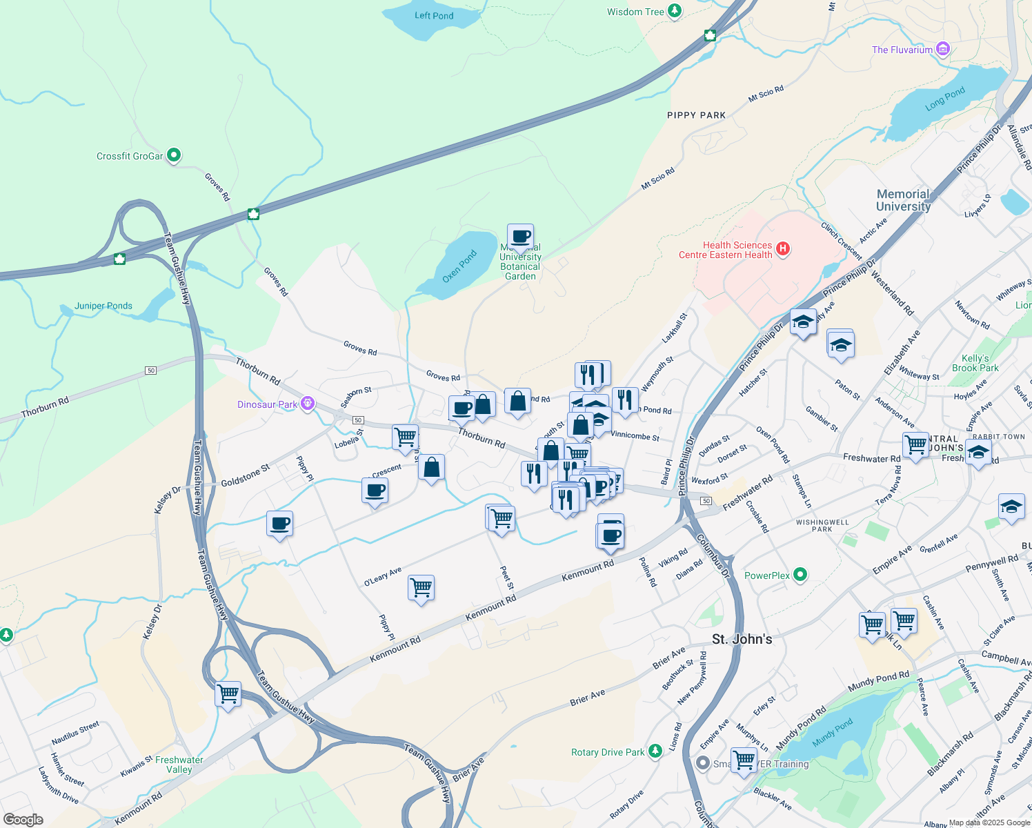 map of restaurants, bars, coffee shops, grocery stores, and more near 117 Cumberland Crescent in St. John's