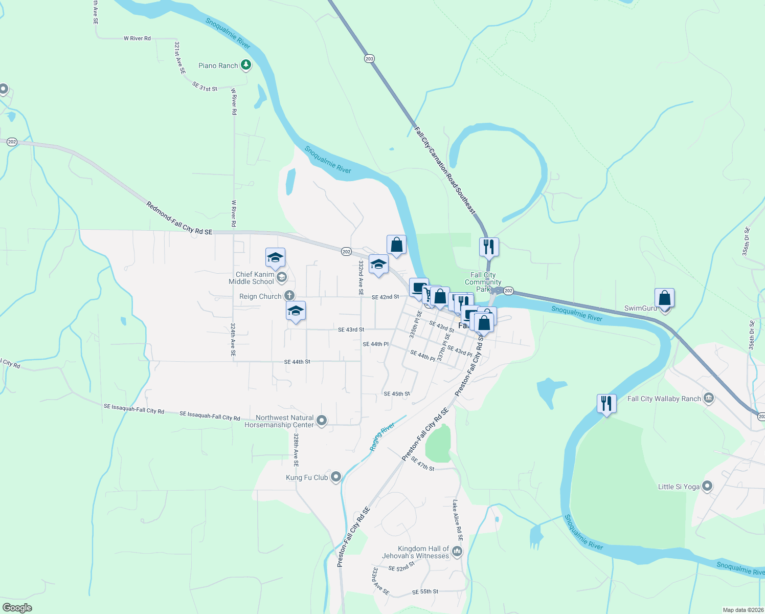 map of restaurants, bars, coffee shops, grocery stores, and more near 33313 Southeast 42nd Street in Fall City