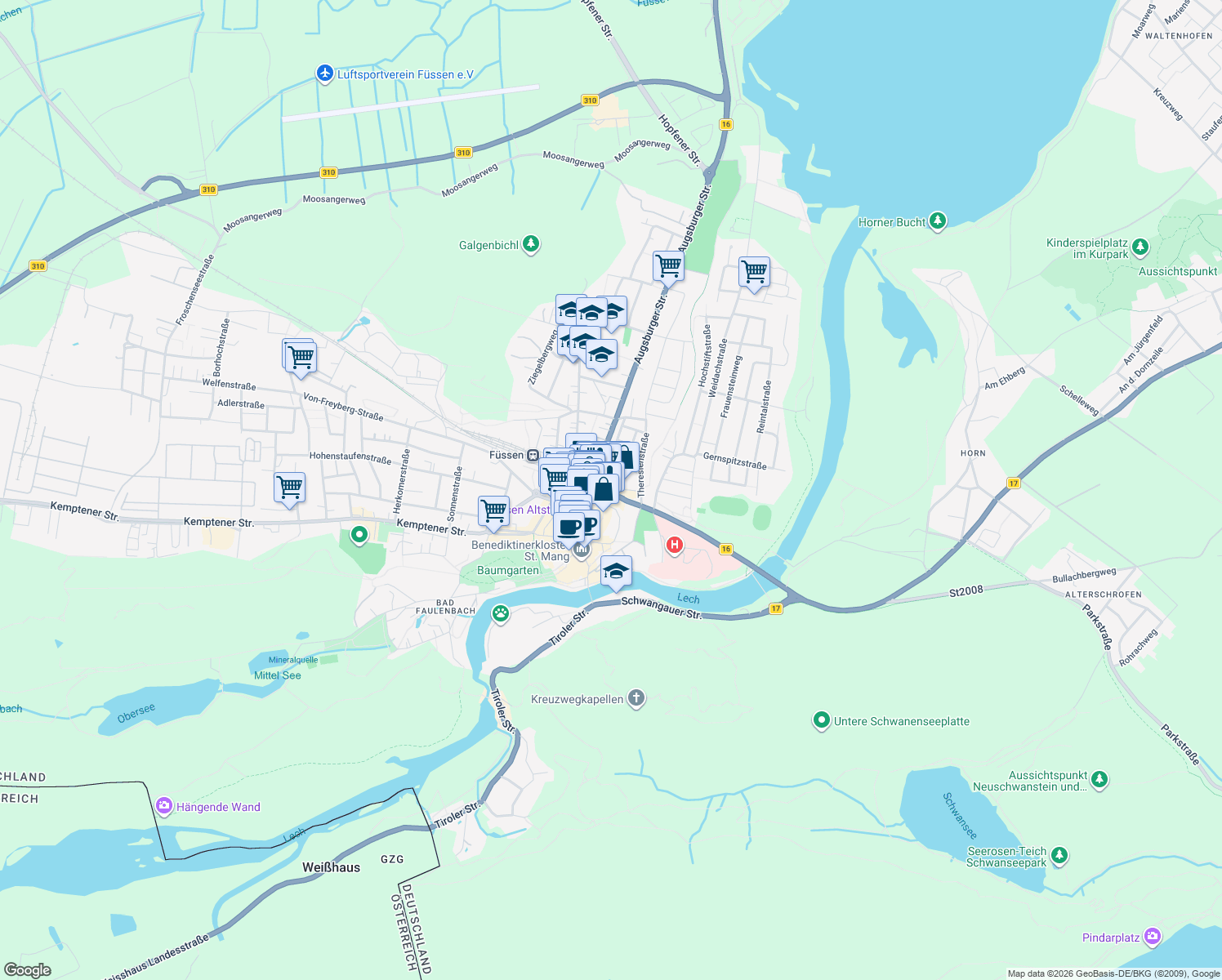 map of restaurants, bars, coffee shops, grocery stores, and more near 5 Kaiser-Maximilian-Platz in Füssen