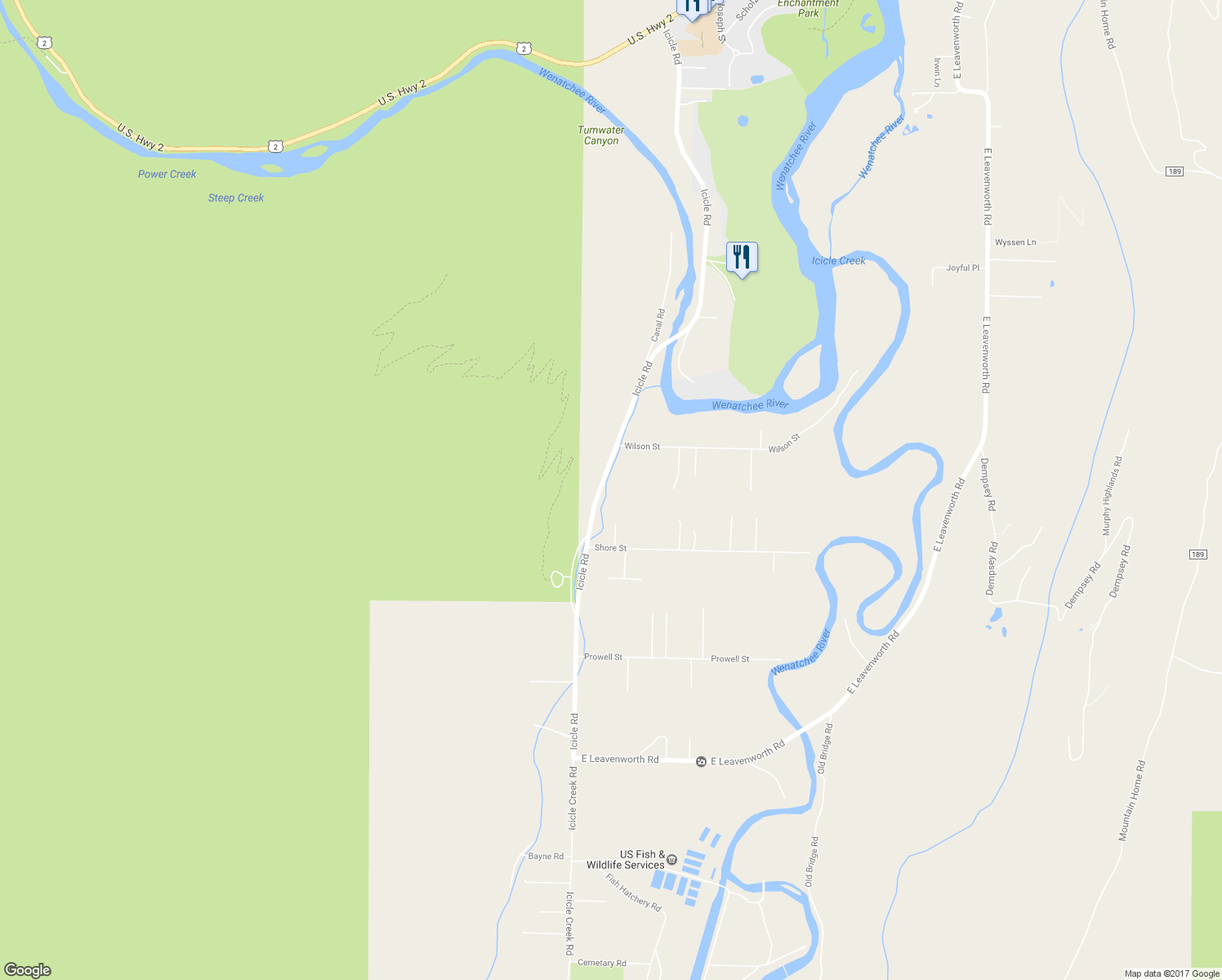 map of restaurants, bars, coffee shops, grocery stores, and more near 8541 Icicle Road in Leavenworth