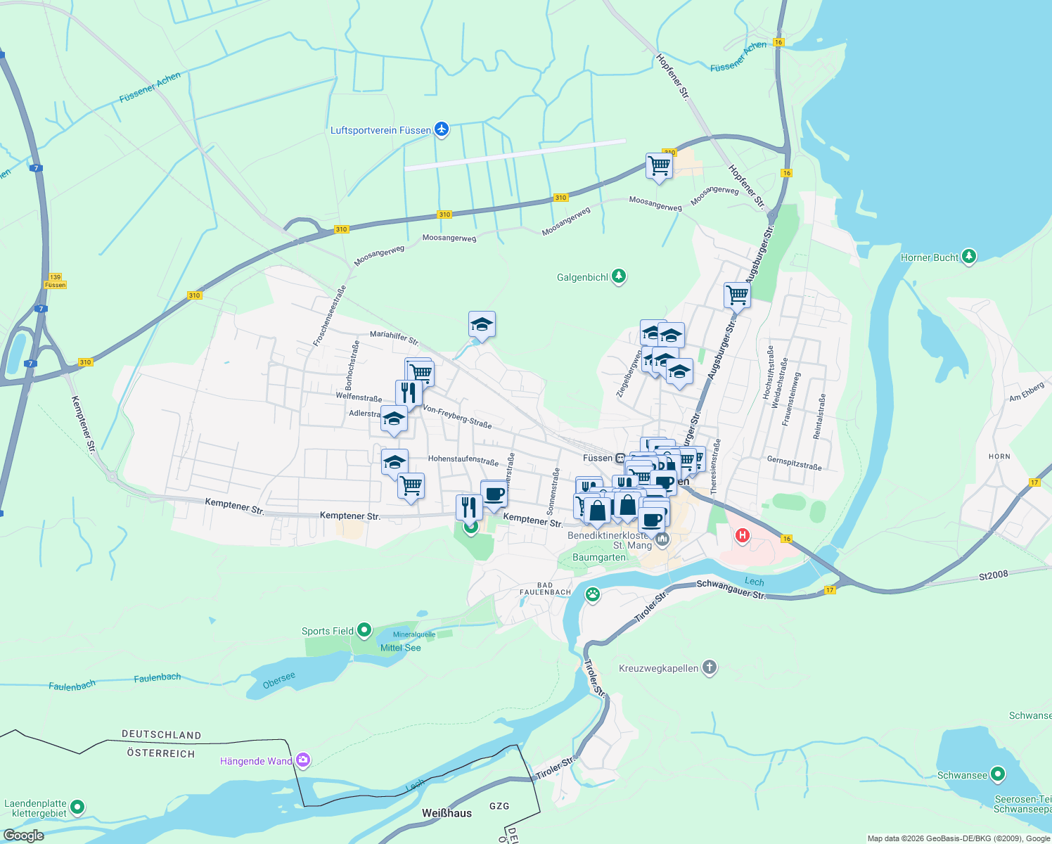 map of restaurants, bars, coffee shops, grocery stores, and more near 5 Kaiser-Maximilian-Platz in Füssen