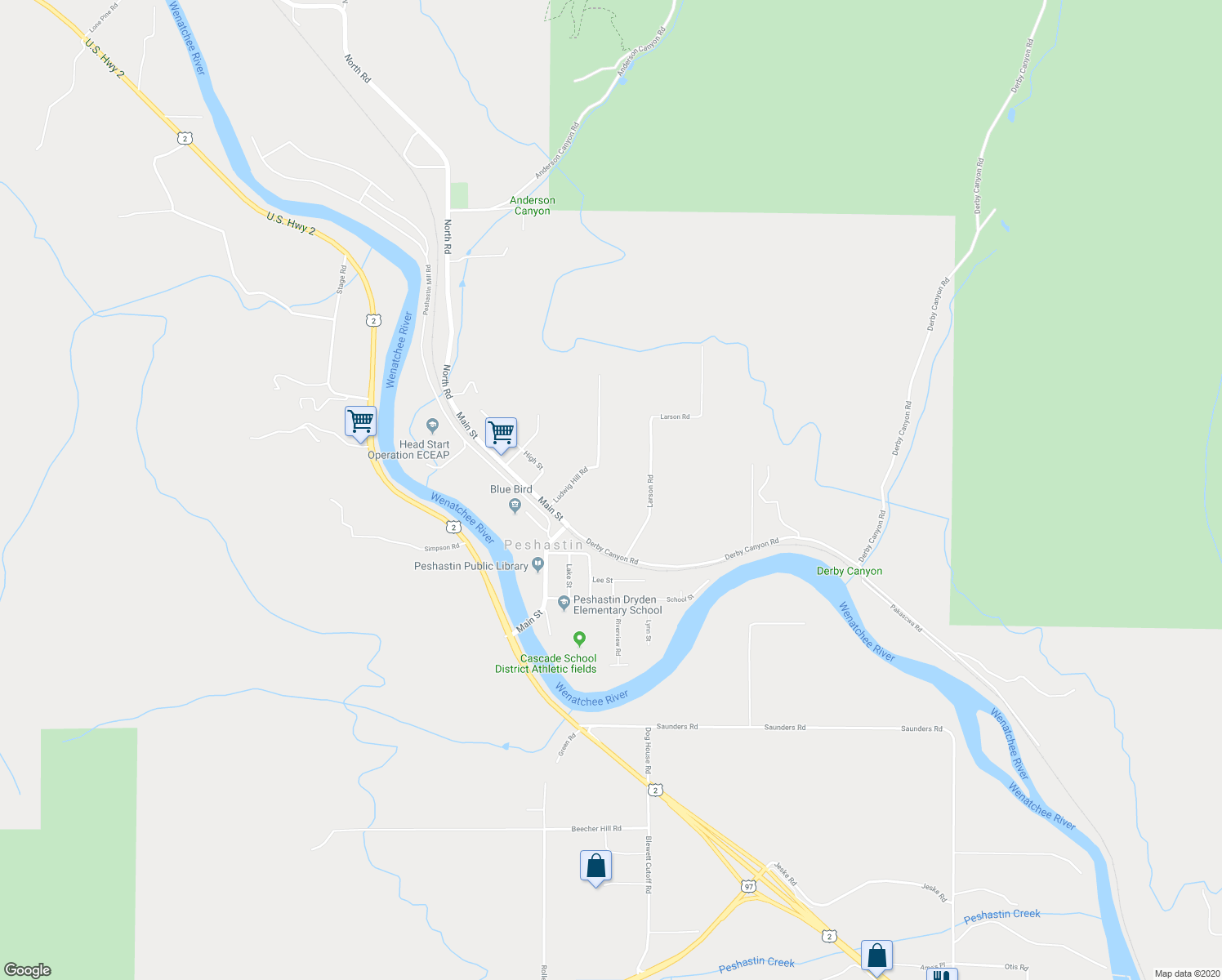 map of restaurants, bars, coffee shops, grocery stores, and more near 8558 Larson Road in Peshastin