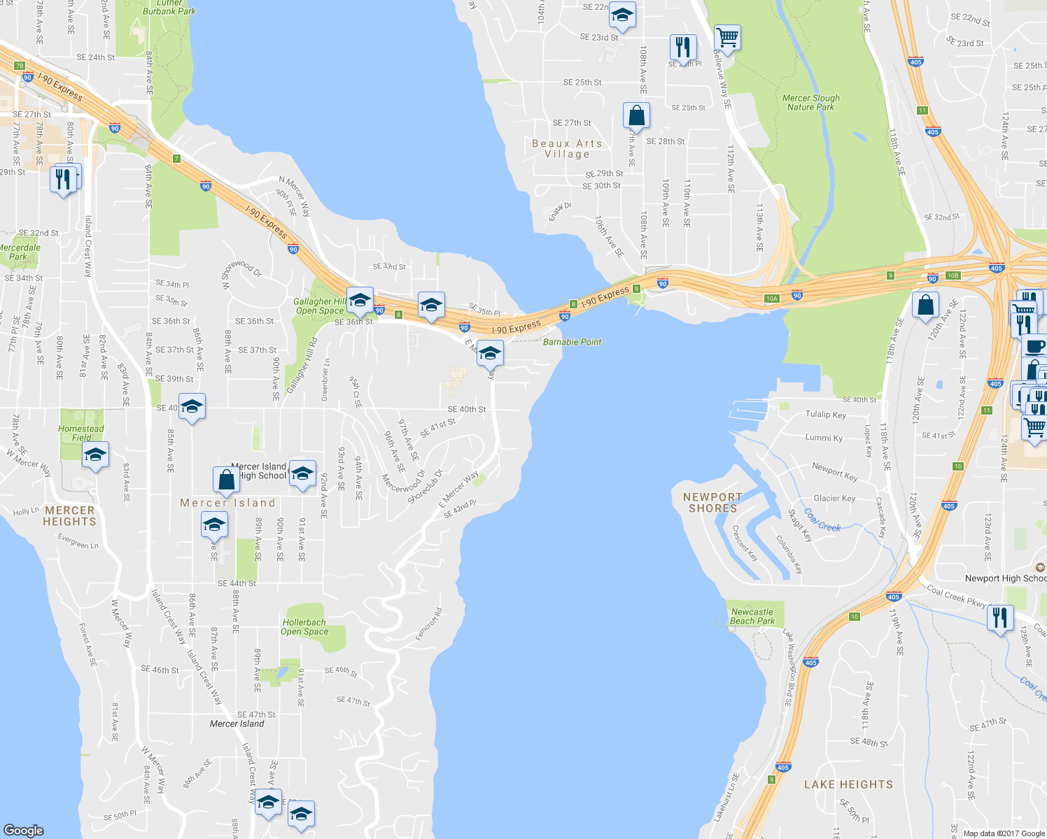 map of restaurants, bars, coffee shops, grocery stores, and more near 4014 East Mercer Way in Mercer Island