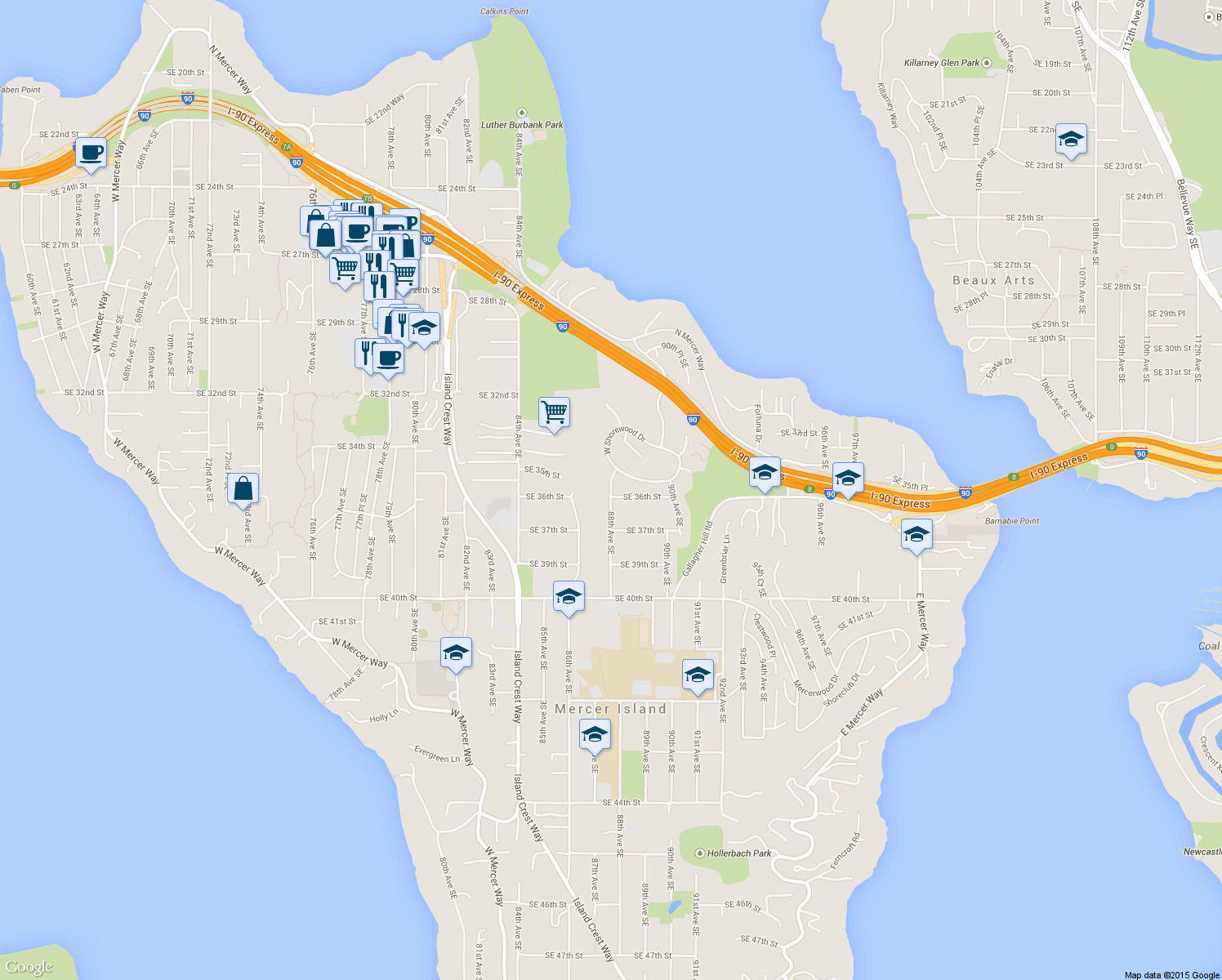 map of restaurants, bars, coffee shops, grocery stores, and more near 3504 88th Avenue Southeast in Mercer Island