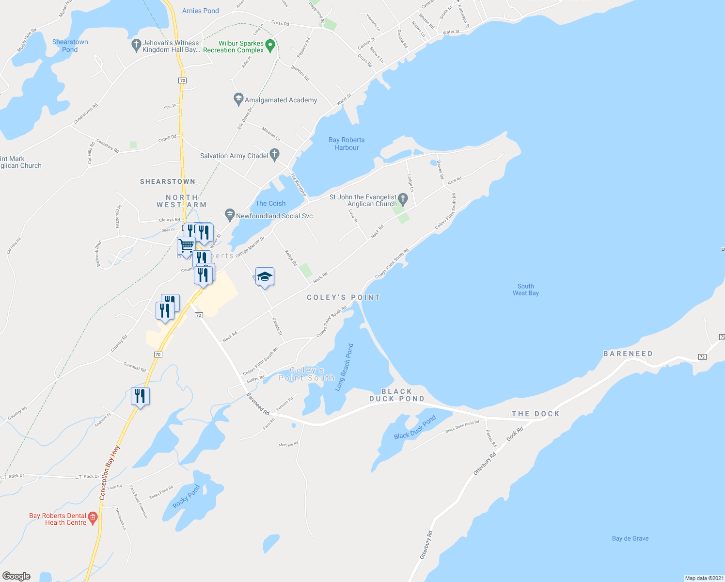 map of restaurants, bars, coffee shops, grocery stores, and more near Coleys Point South Road in Bay Roberts
