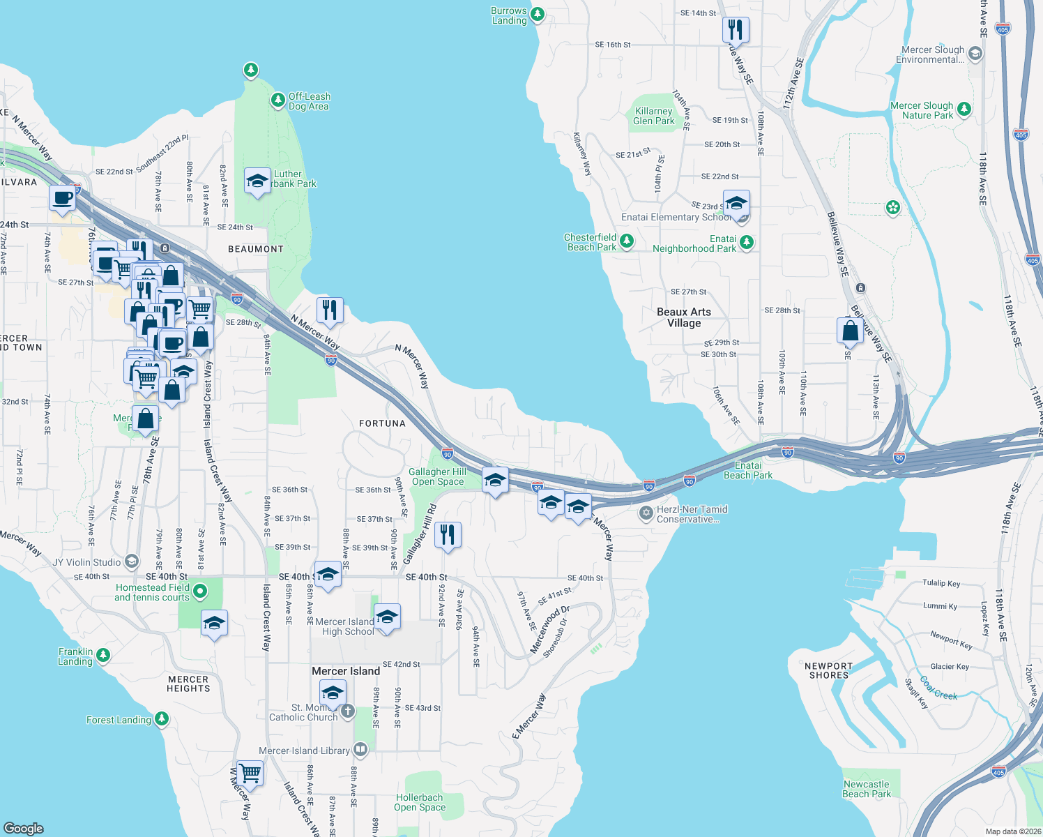 map of restaurants, bars, coffee shops, grocery stores, and more near 9426 Southeast 33rd Street in Mercer Island
