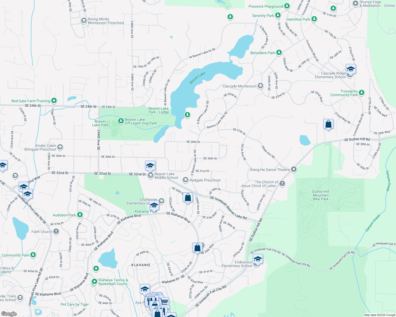 map of restaurants, bars, coffee shops, grocery stores, and more near 25611 Southeast 30th Street in Sammamish