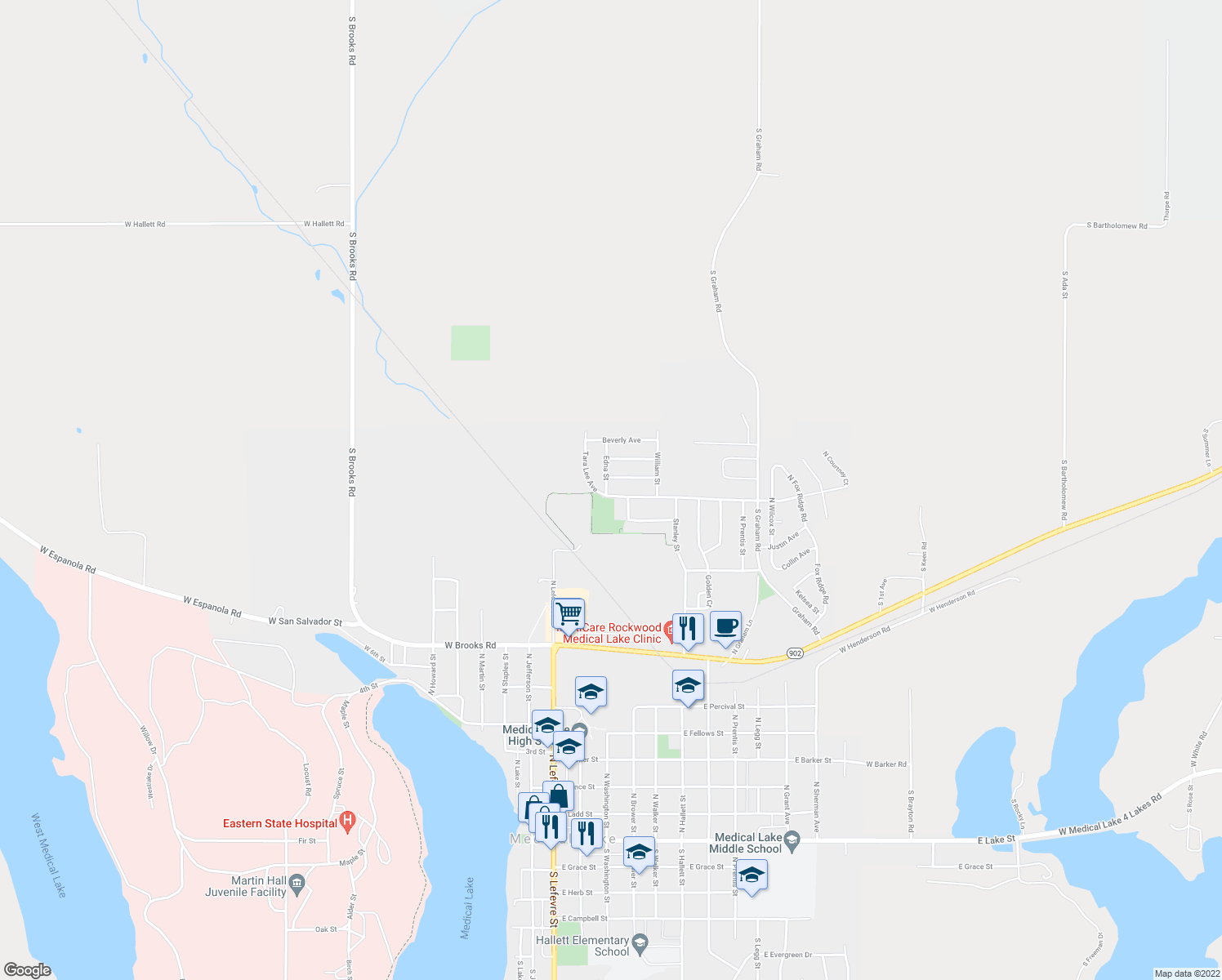 map of restaurants, bars, coffee shops, grocery stores, and more near 321 East Tara Lee Avenue in Medical Lake