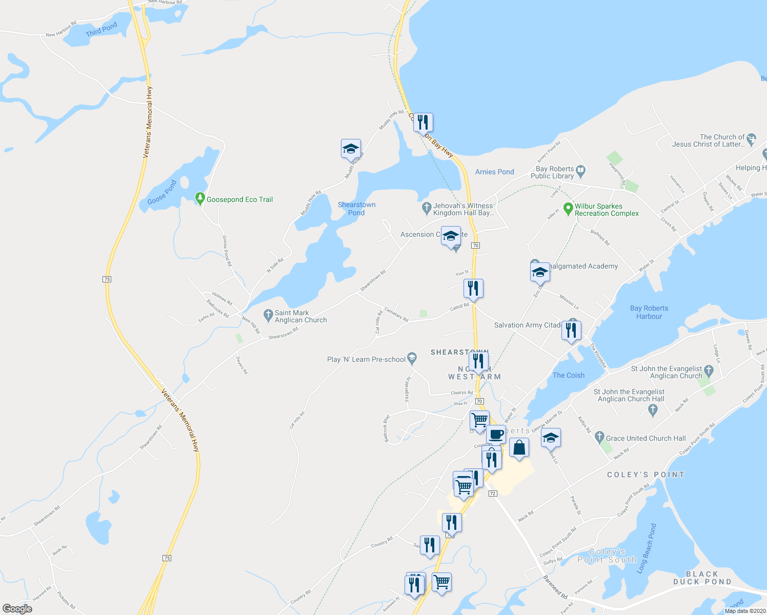 map of restaurants, bars, coffee shops, grocery stores, and more near Cemetary Road in Bay Roberts