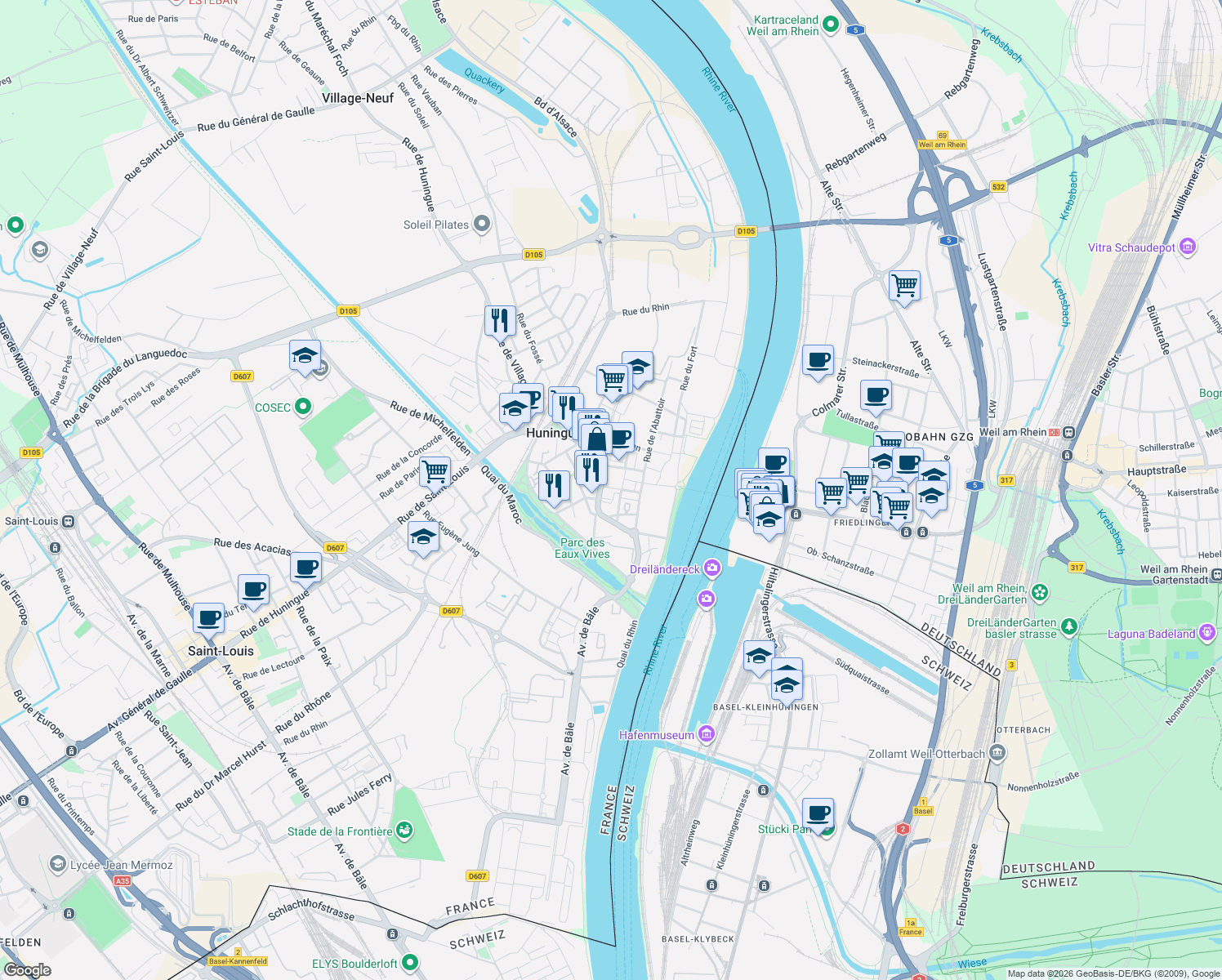map of restaurants, bars, coffee shops, grocery stores, and more near 10 Rue Chancel in Huningue