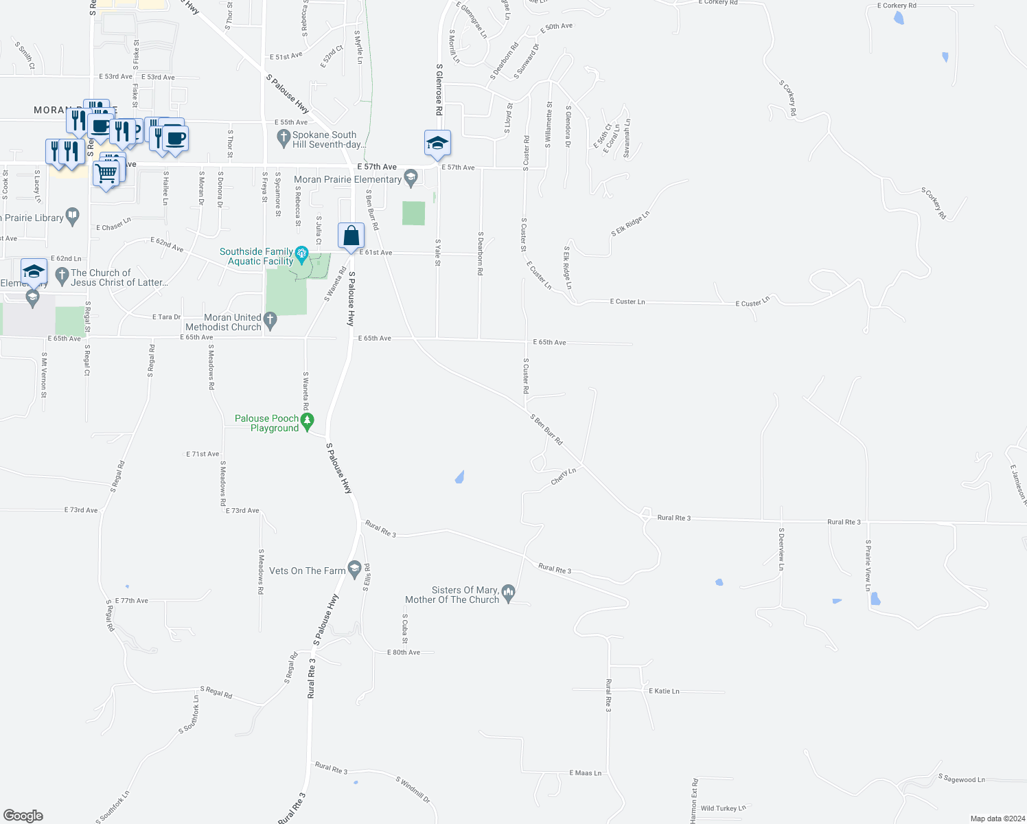 map of restaurants, bars, coffee shops, grocery stores, and more near 6806 South Ben Burr Road in Spokane