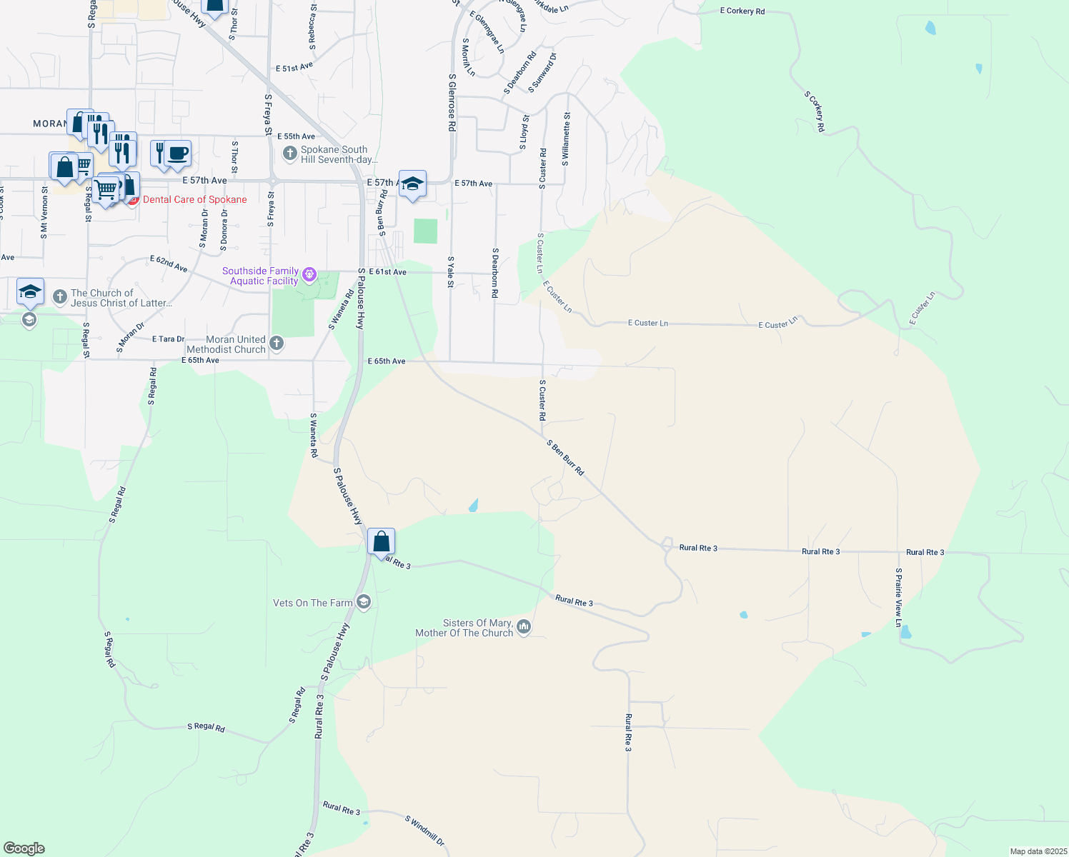 map of restaurants, bars, coffee shops, grocery stores, and more near 6806 South Ben Burr Road in Spokane