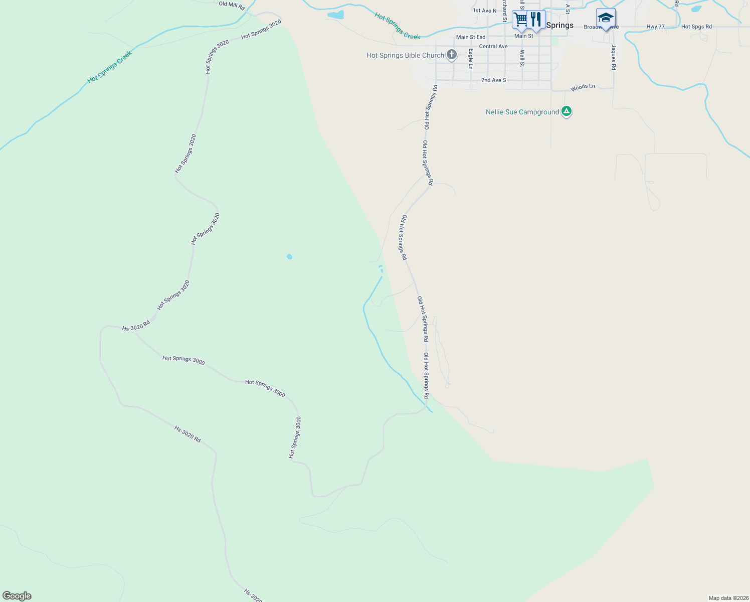 map of restaurants, bars, coffee shops, grocery stores, and more near 86 Old Hot Springs Road in Hot Springs