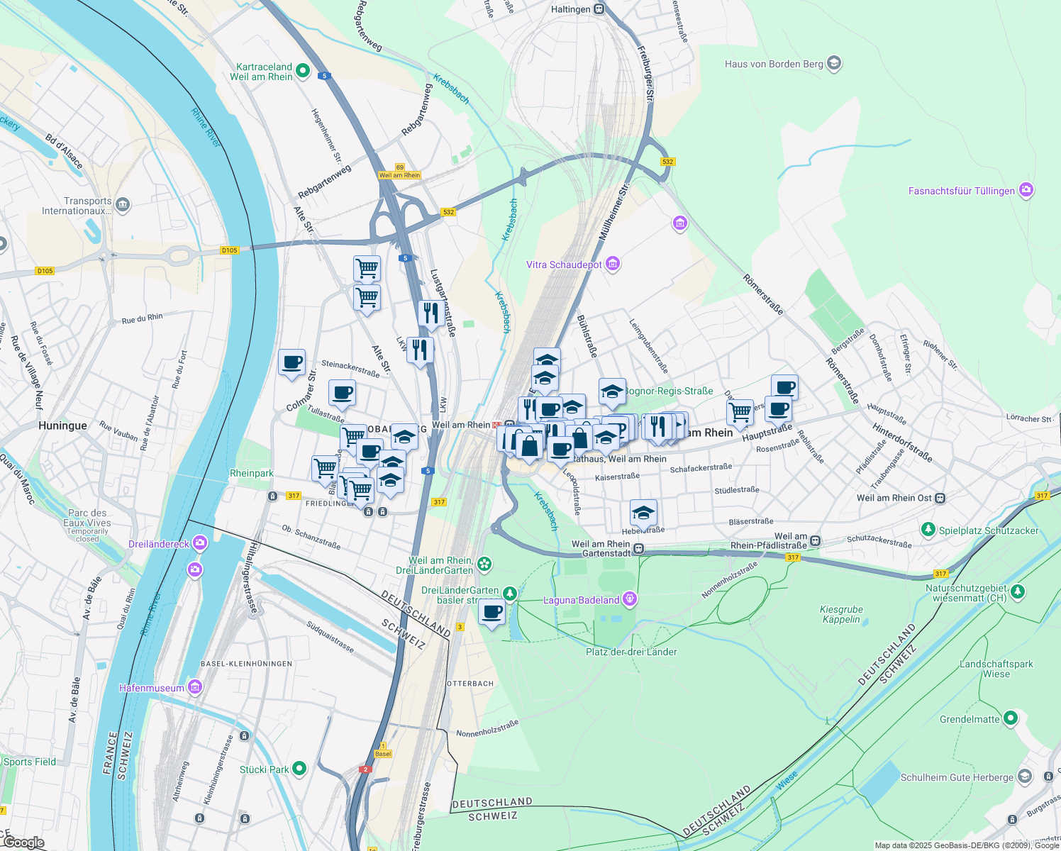 map of restaurants, bars, coffee shops, grocery stores, and more near 6 Müllheimer Straße in Weil am Rhein