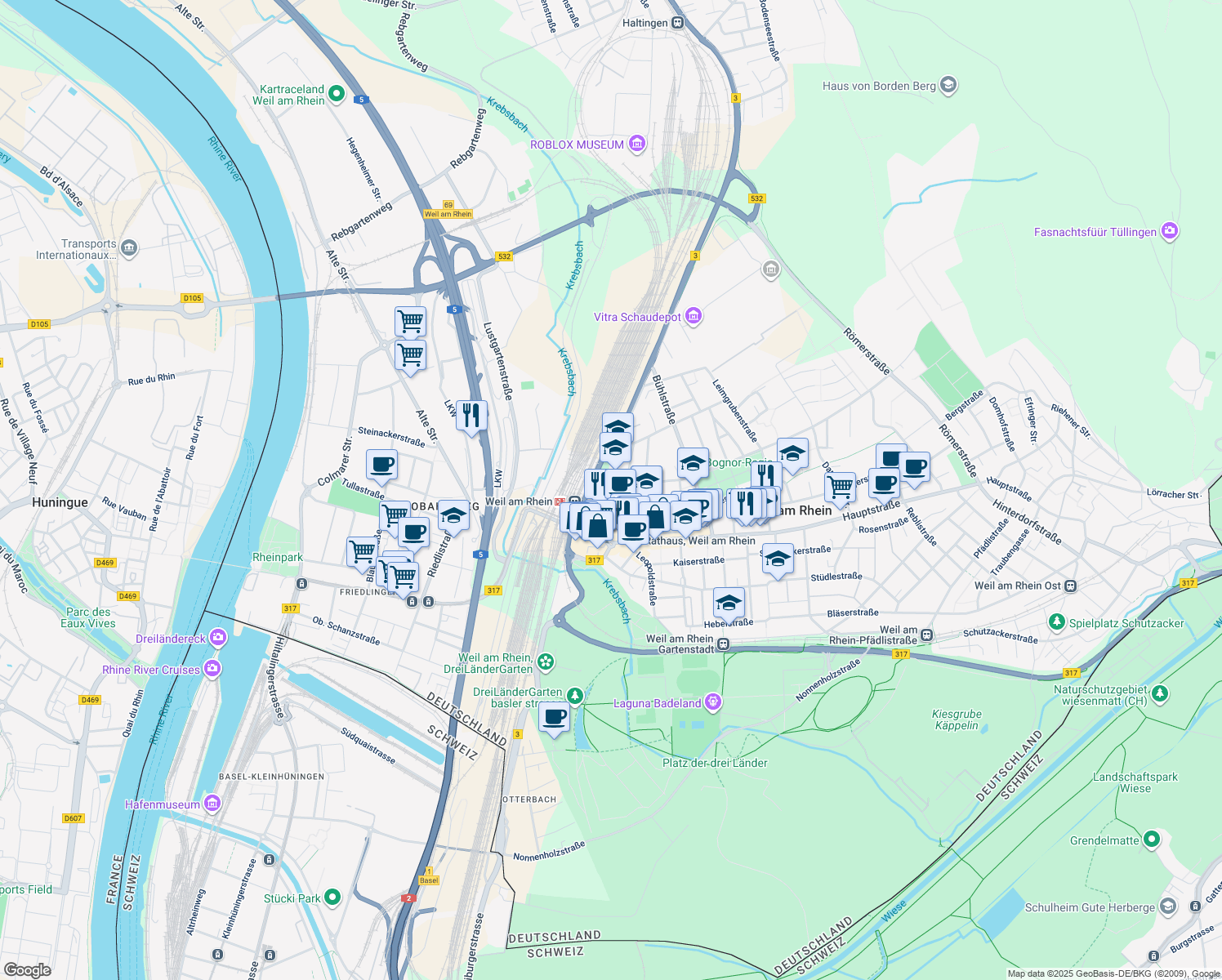 map of restaurants, bars, coffee shops, grocery stores, and more near 6 Müllheimer Straße in Weil am Rhein