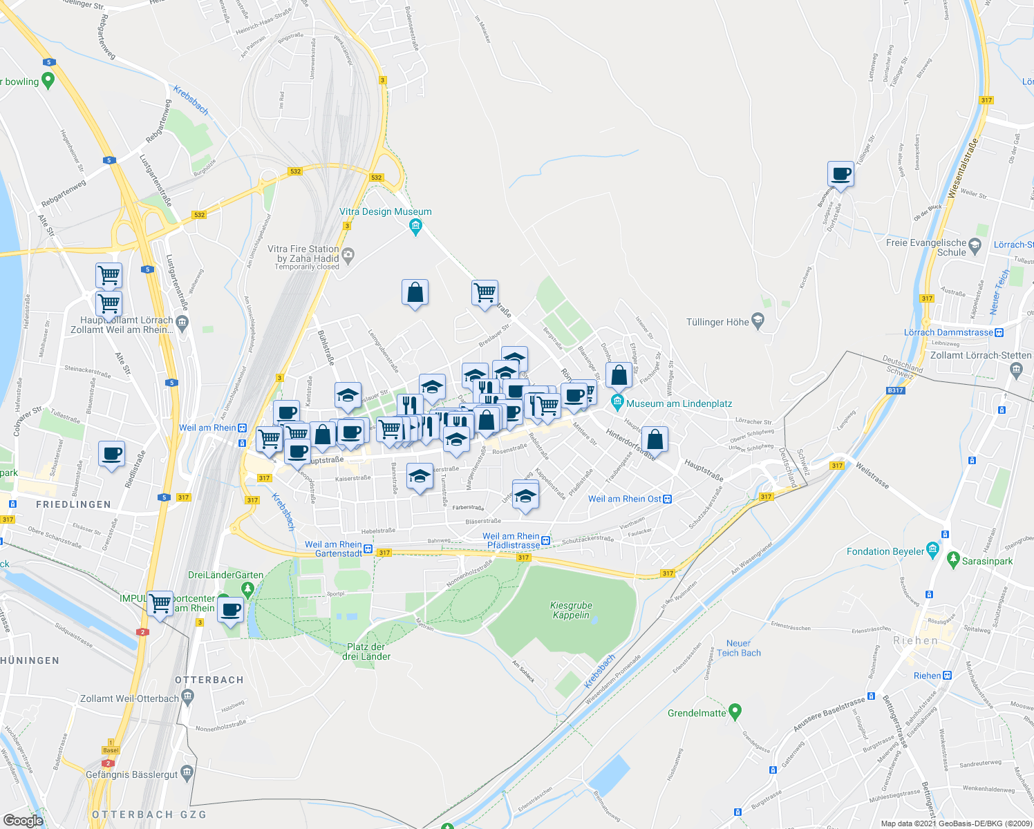 map of restaurants, bars, coffee shops, grocery stores, and more near 7 Königsberger Straße in Weil am Rhein