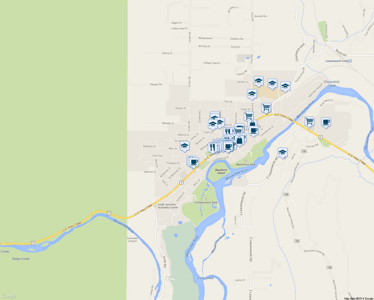 map of restaurants, bars, coffee shops, grocery stores, and more near 129 Ski Hill Drive in Leavenworth