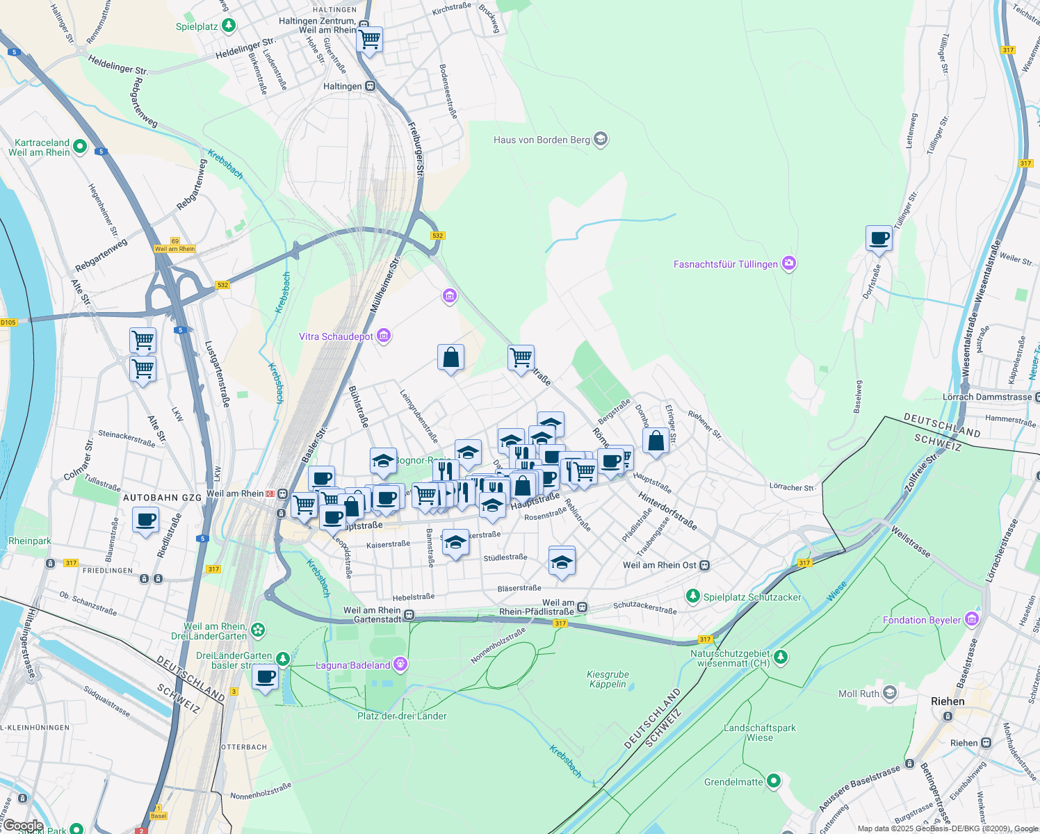 map of restaurants, bars, coffee shops, grocery stores, and more near 34 Breslauer Straße in Weil am Rhein