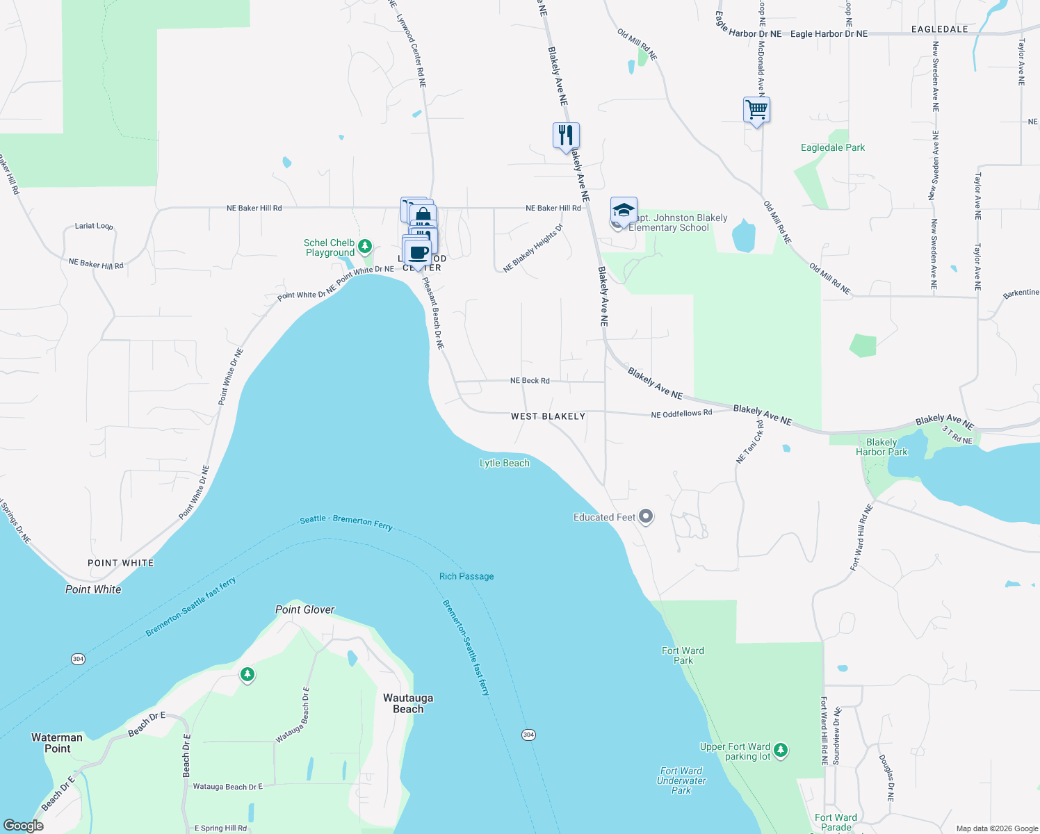 map of restaurants, bars, coffee shops, grocery stores, and more near 3855 Lytle Road Northeast in Bainbridge Island
