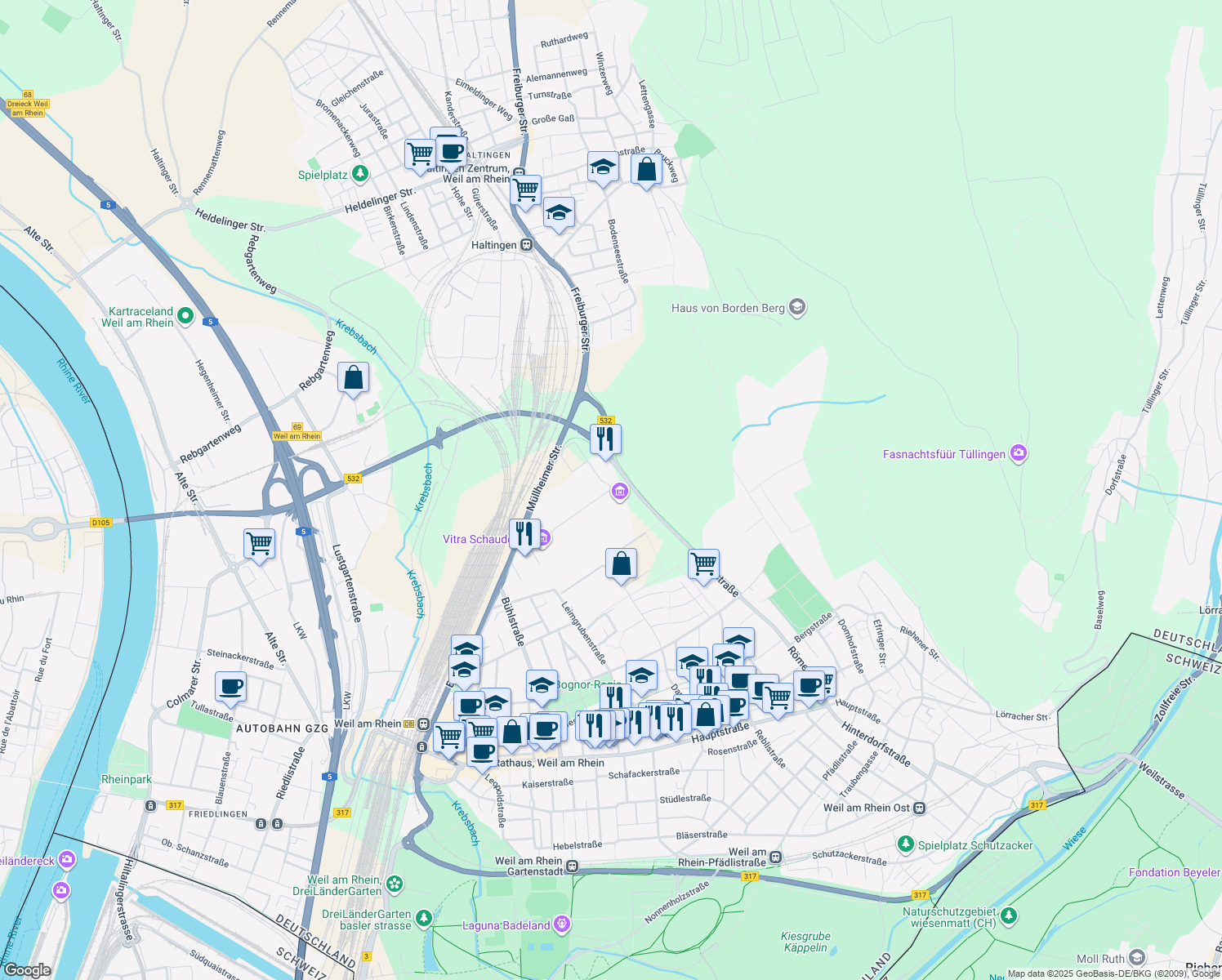 map of restaurants, bars, coffee shops, grocery stores, and more near 1 Charles-Eames-Straße in Weil am Rhein