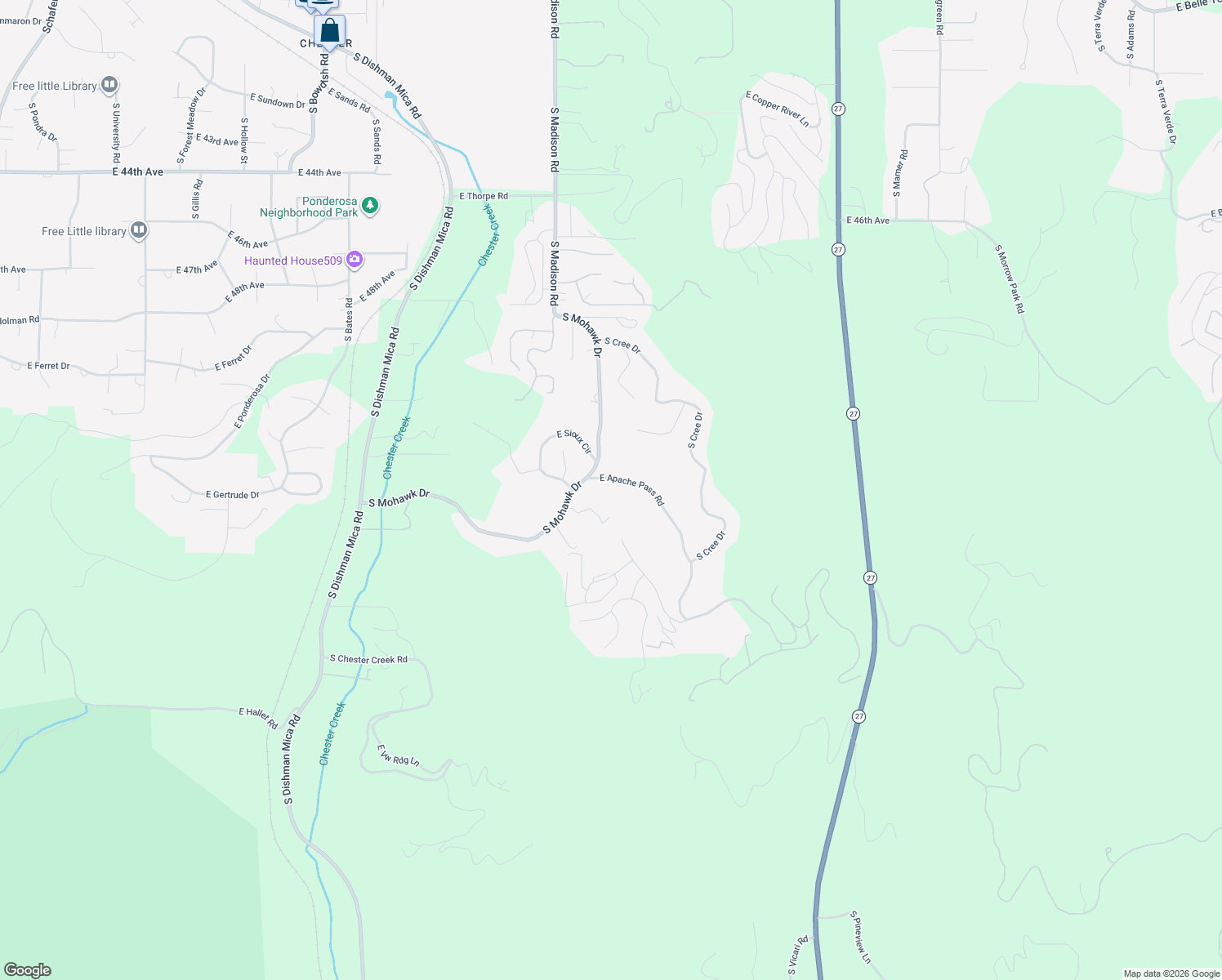 map of restaurants, bars, coffee shops, grocery stores, and more near 12506 East Apache Pass Road in Spokane