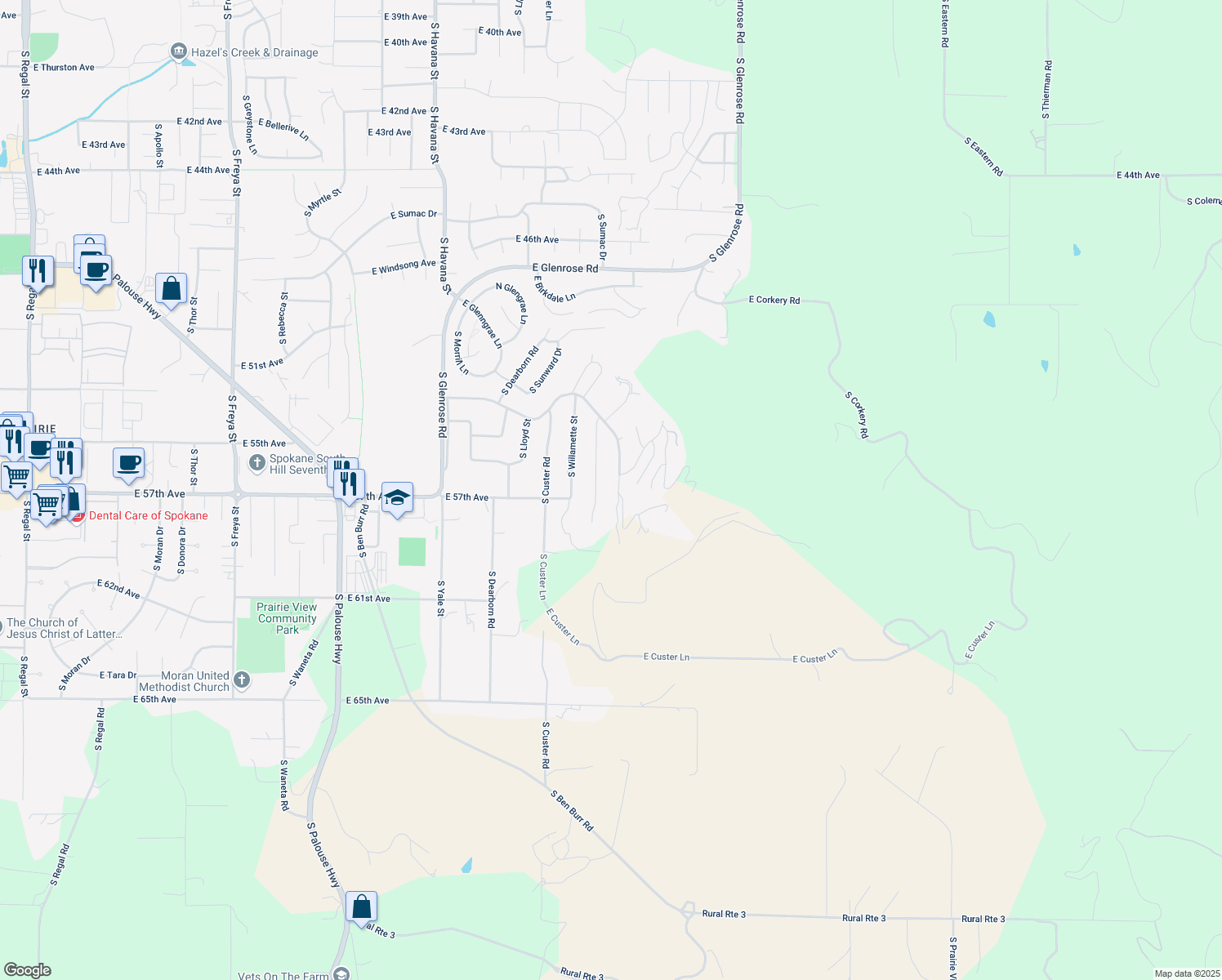 map of restaurants, bars, coffee shops, grocery stores, and more near 5106 East Glennaire Drive in Spokane
